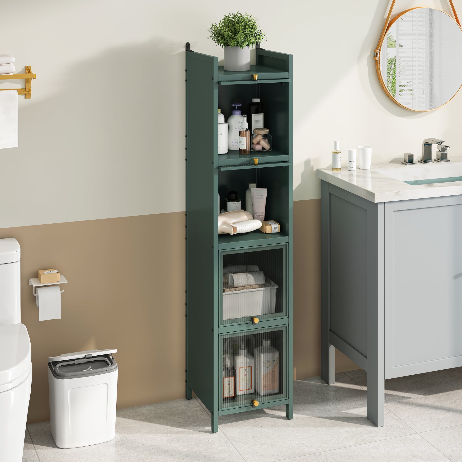 Modern Four Tier Glass Door Cabinet With Featuring Five Tier Storage, For Entryway Living Room Bathroom Dining Room,Dark Green Dark Green Glass,Iron