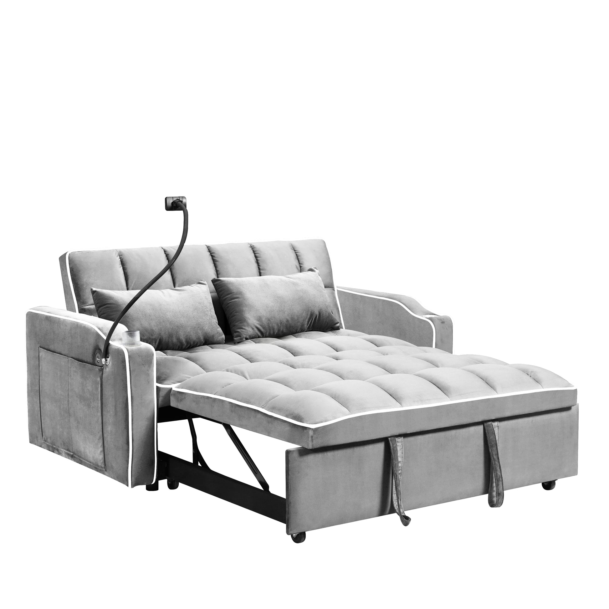 Multi Functional Pullout Sofa Bed, 3 Lengths, Modern Sofa Sofa Velvet Pull Out Bed, Adjustable Back, With Usb Port, Ashtray And Swivel Phone Stand Light Grey Light Brown Wood Primary Living Space