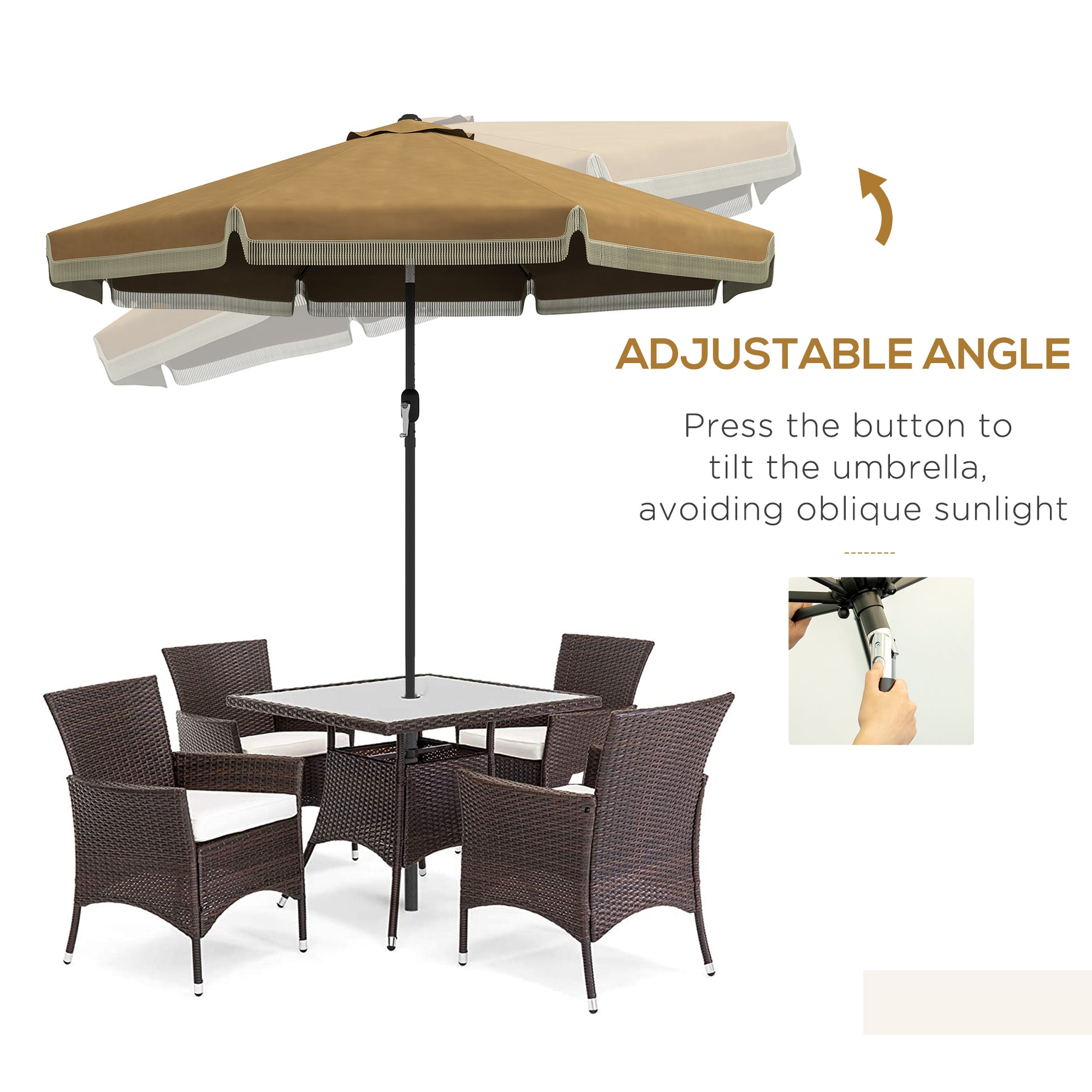 Outsunny 9Ft Patio Umbrella With Push Button Tilt And Crank, Ruffled Outdoor Market Table Umbrella With Tassles And 8 Ribs, For Garden, Deck, Pool, Tan Tan Polyester