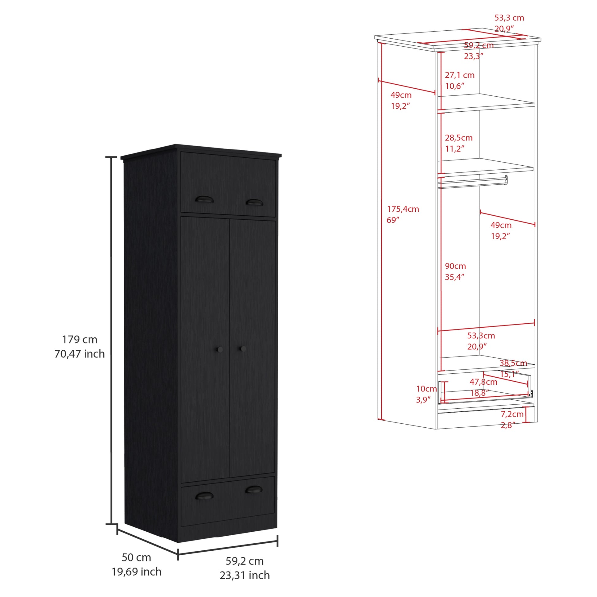 Falkland Armoire With 1 Drawer And 1 Hinged Drawer With Handles Black Black Bedroom Modern Particle Board