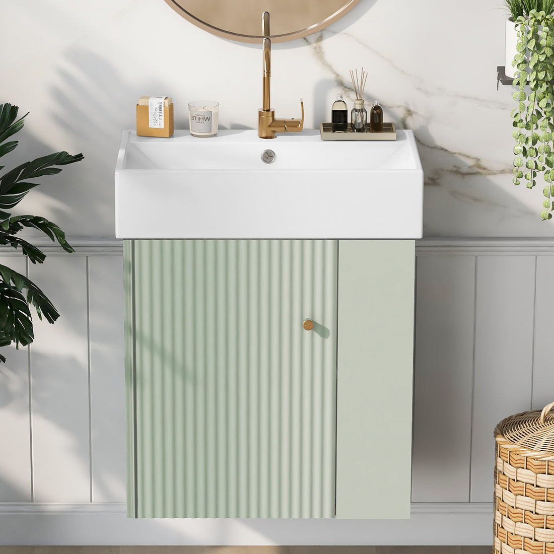 Video 21.6 Inch Modern Floating Bathroom Vanity With Ceramic Basin Perfect For Small Bathrooms, Right Side Storage Green Bathroom Ceramic Mdf