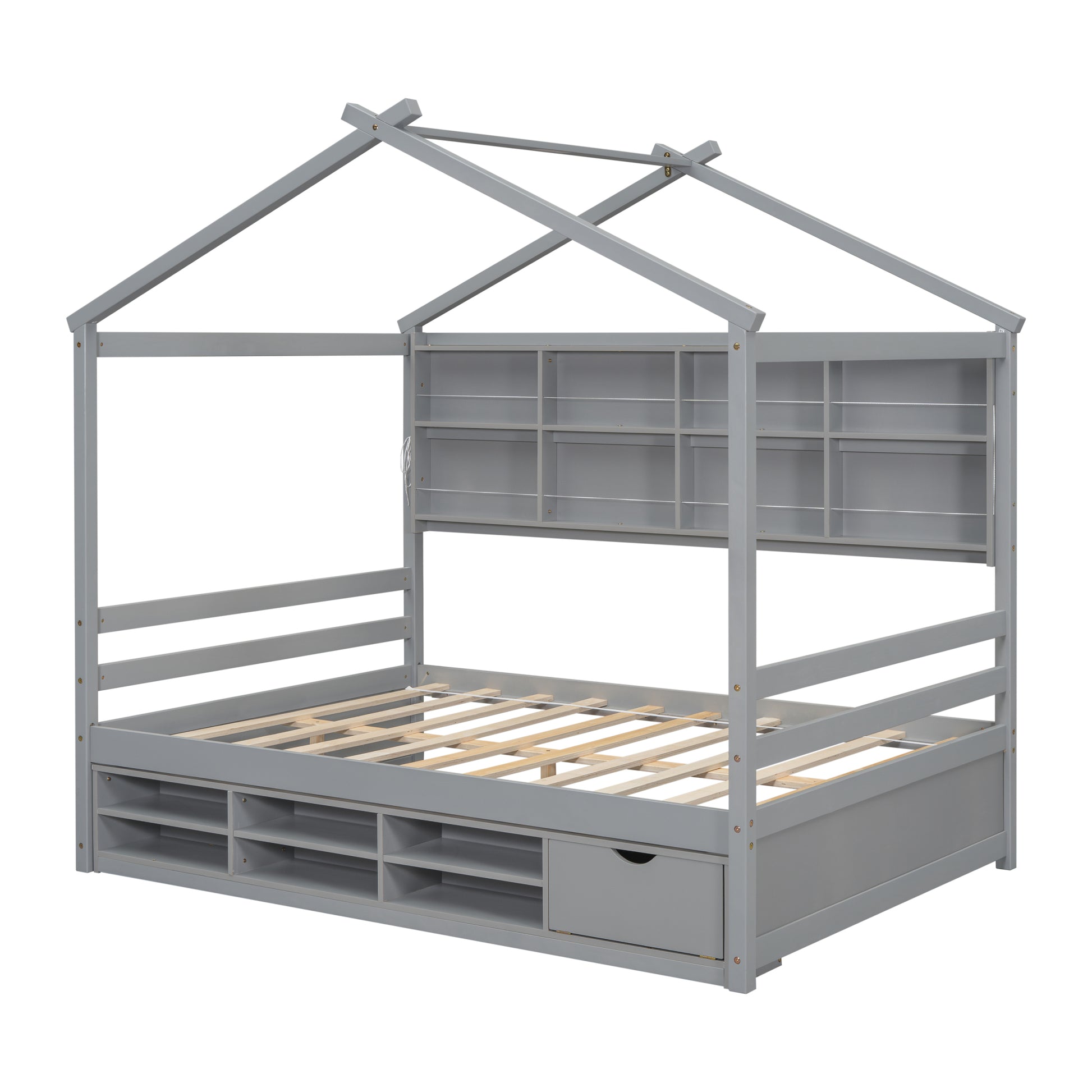 Full House Bed With Roof Frame, Bedside Shelves, Under Bed Storage Unit,Grey Full Grey American Design Pine