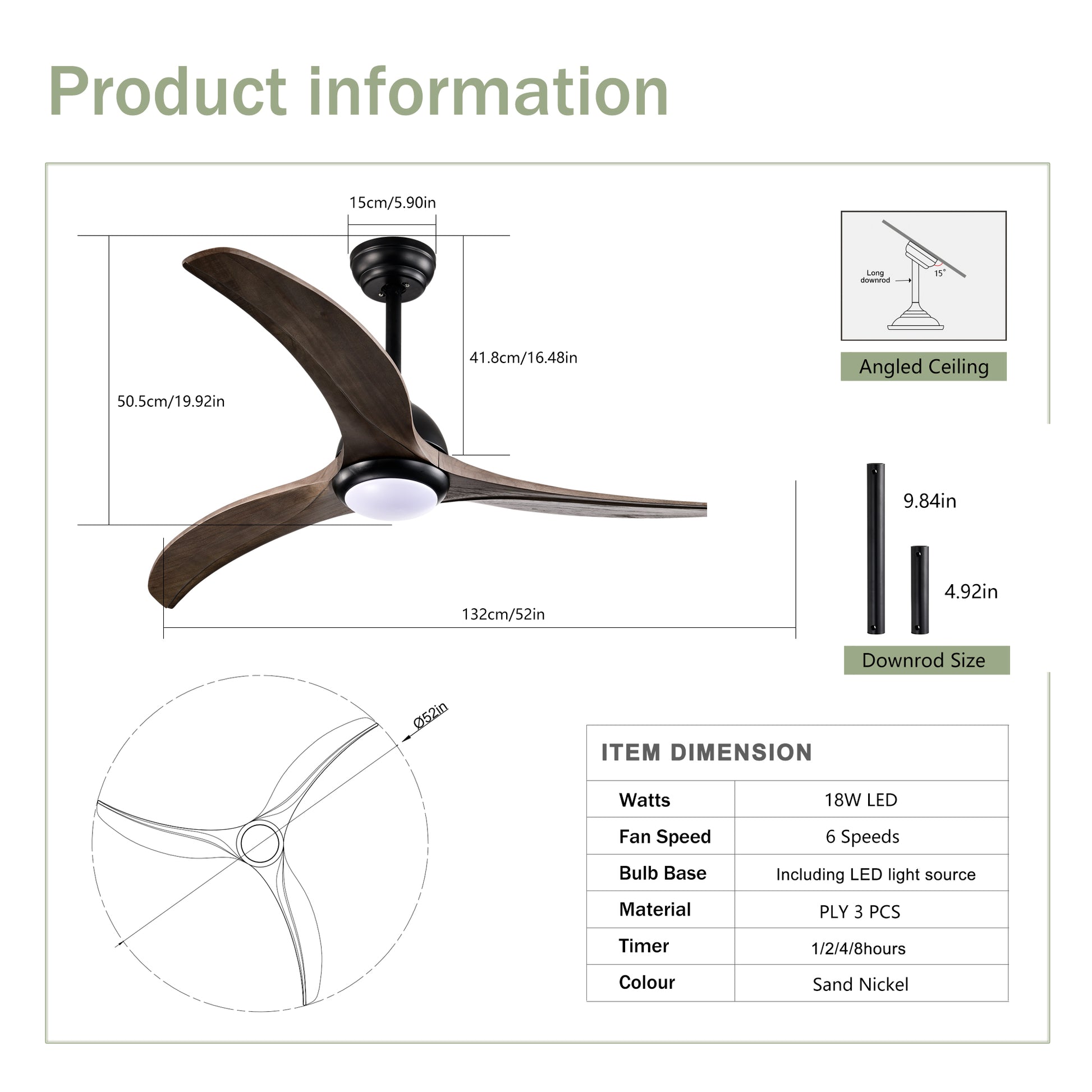 Same Sku W1592P176977 52" Ceiling Fan, Indoor Outdoor Ceiling Fan With Light With Remote Control, Noiseless Reversible Motor, 6 Speed ,3 Colorfor Patio Living Room, Bedroom, Office,Indoor Matte
