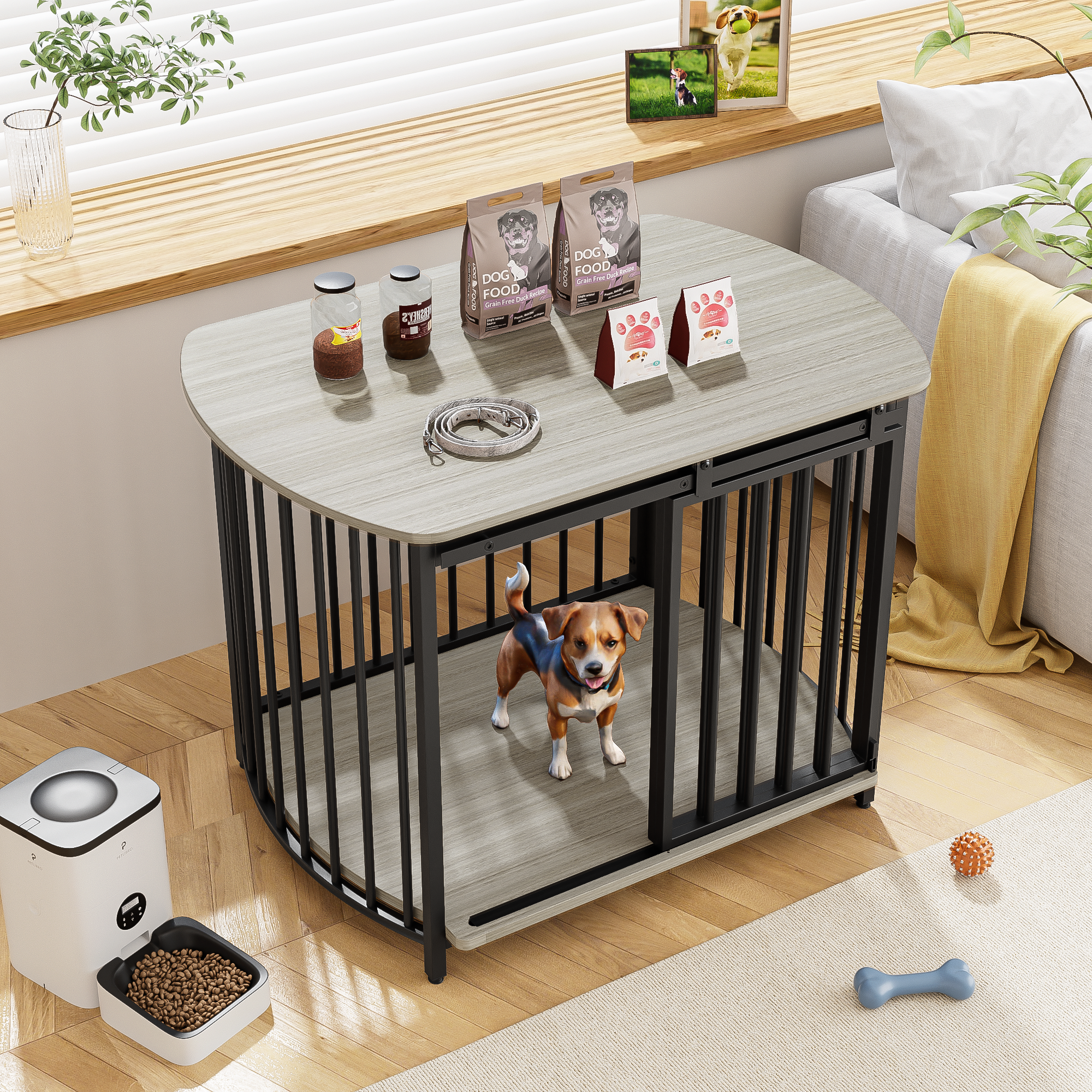 31.5" Furniture Style Dog Crate For Small And Medium Dogs, Wooden Cage Indoor Kennel Furniture, Modern Dog Crate End Table With Double Doors, Gray Gray Pet Barrier Medium 26 40 Lbs Iron,Mdf