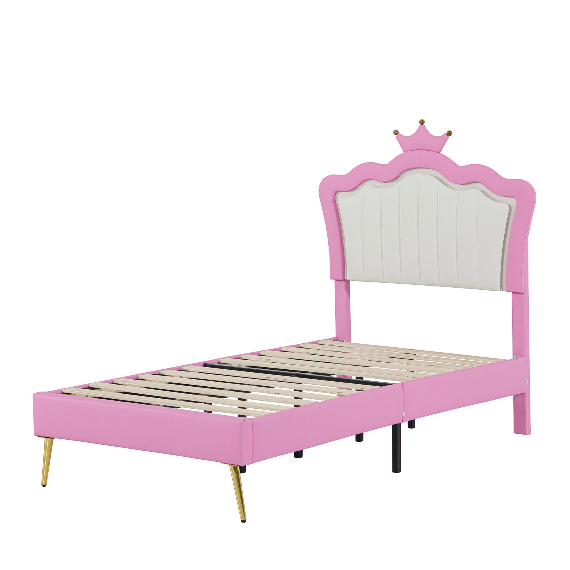 Twin Size Upholstered Bed Frame With Led Lights, Modern Upholstered Princess Bed With Crown Headboard, Pink White Box Spring Not Required Twin Pink White Wood Bedroom Modern Bed Frame Pu