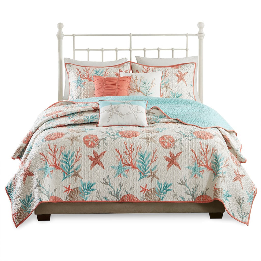 6 Piece Cotton Sateen Quilt Set With Throw Pillows Coral King Cal King King Coral Cotton