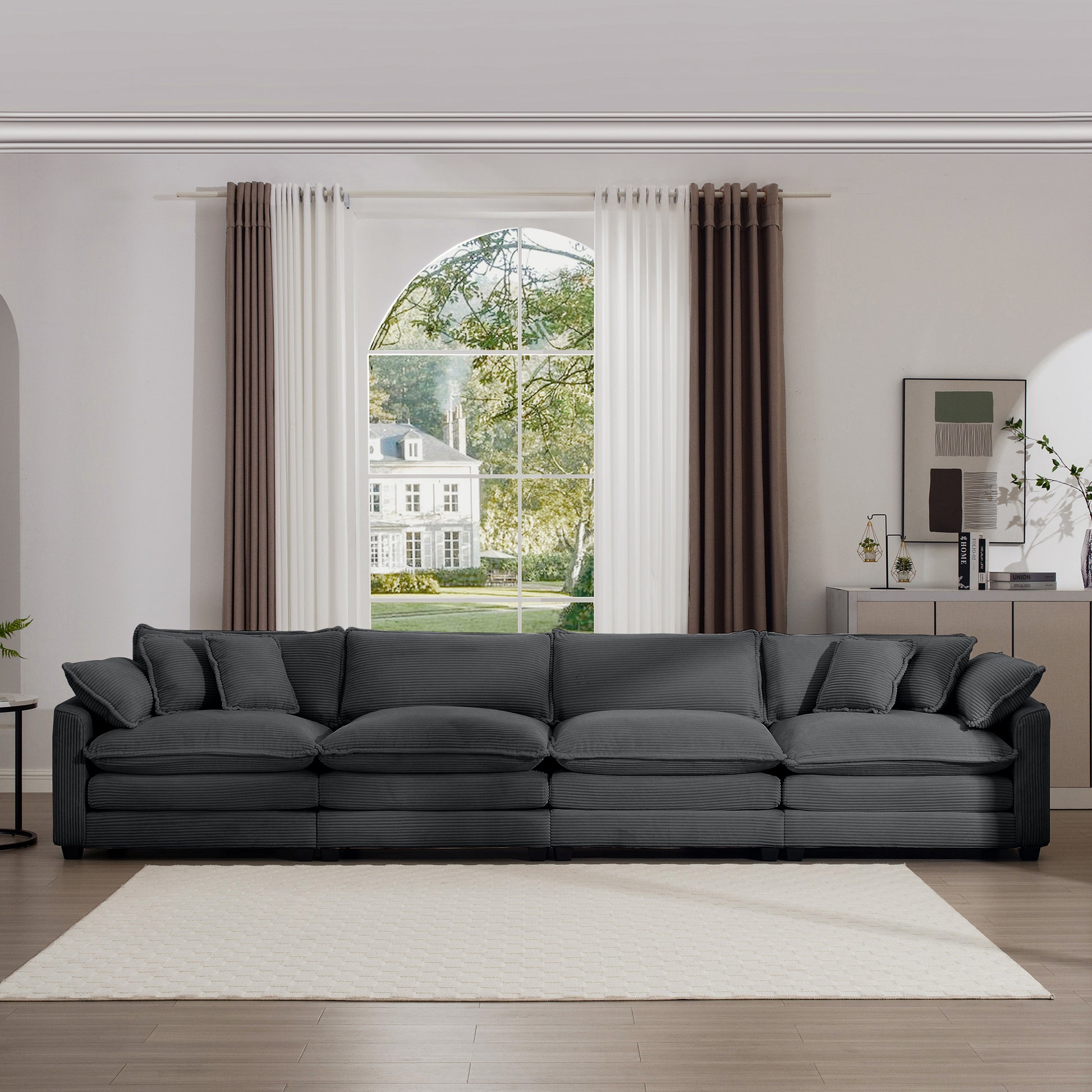 Corduroy Sofamodern Upholstered 4 Seater Corduroy Fabric Sofaoffice Living Room Apartment Comfortable Sofa, Easy To Assemble With 2 Arm Pillows And 4 Throw Pillows Grey Corduroy 4 Seat