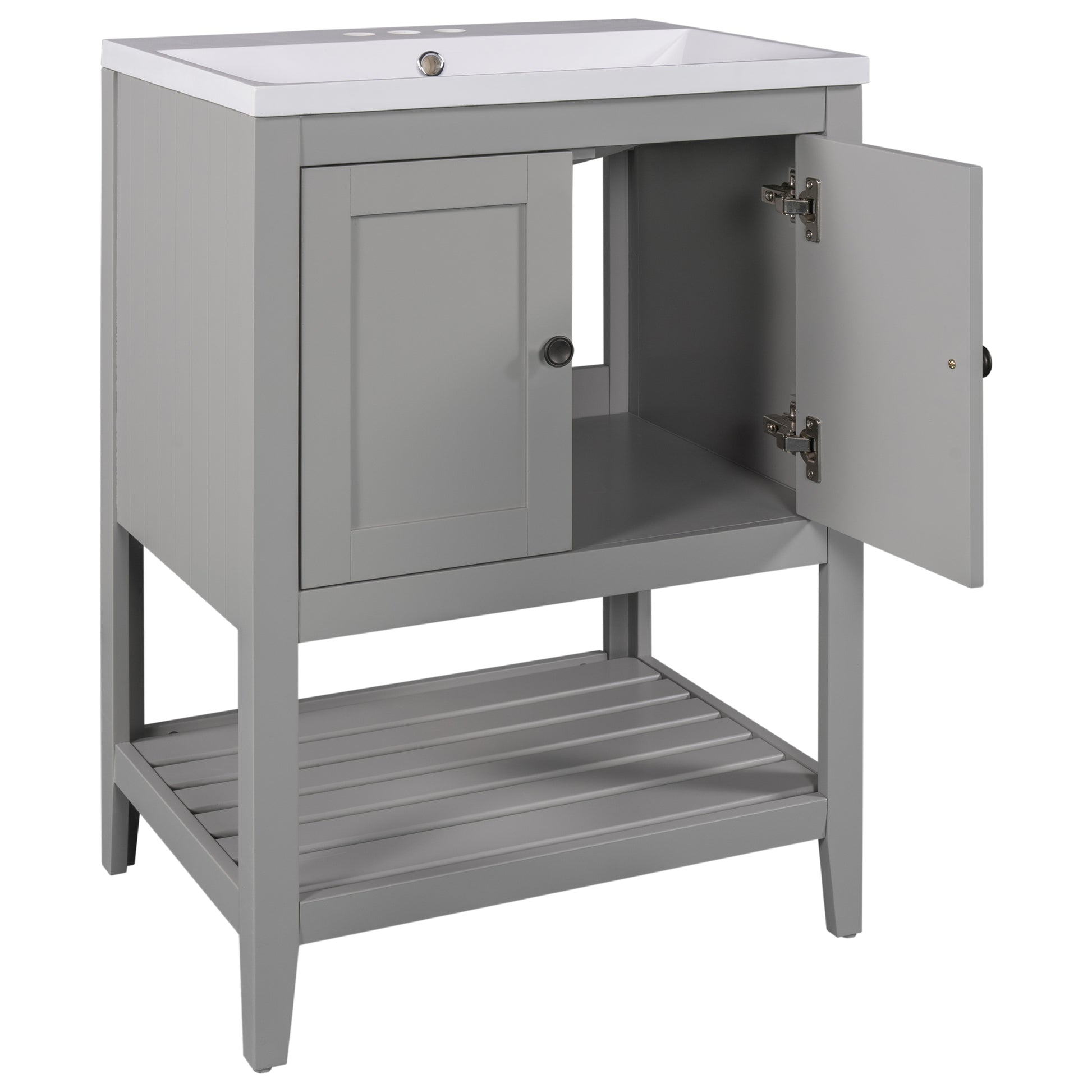 Video 24" Grey Modern Sleek Bathroom Vanity Elegant Ceramic Sink With Solid Wood Frame Open Style Shelf Old Sku: Jl000004Aae Grey Solid Wood