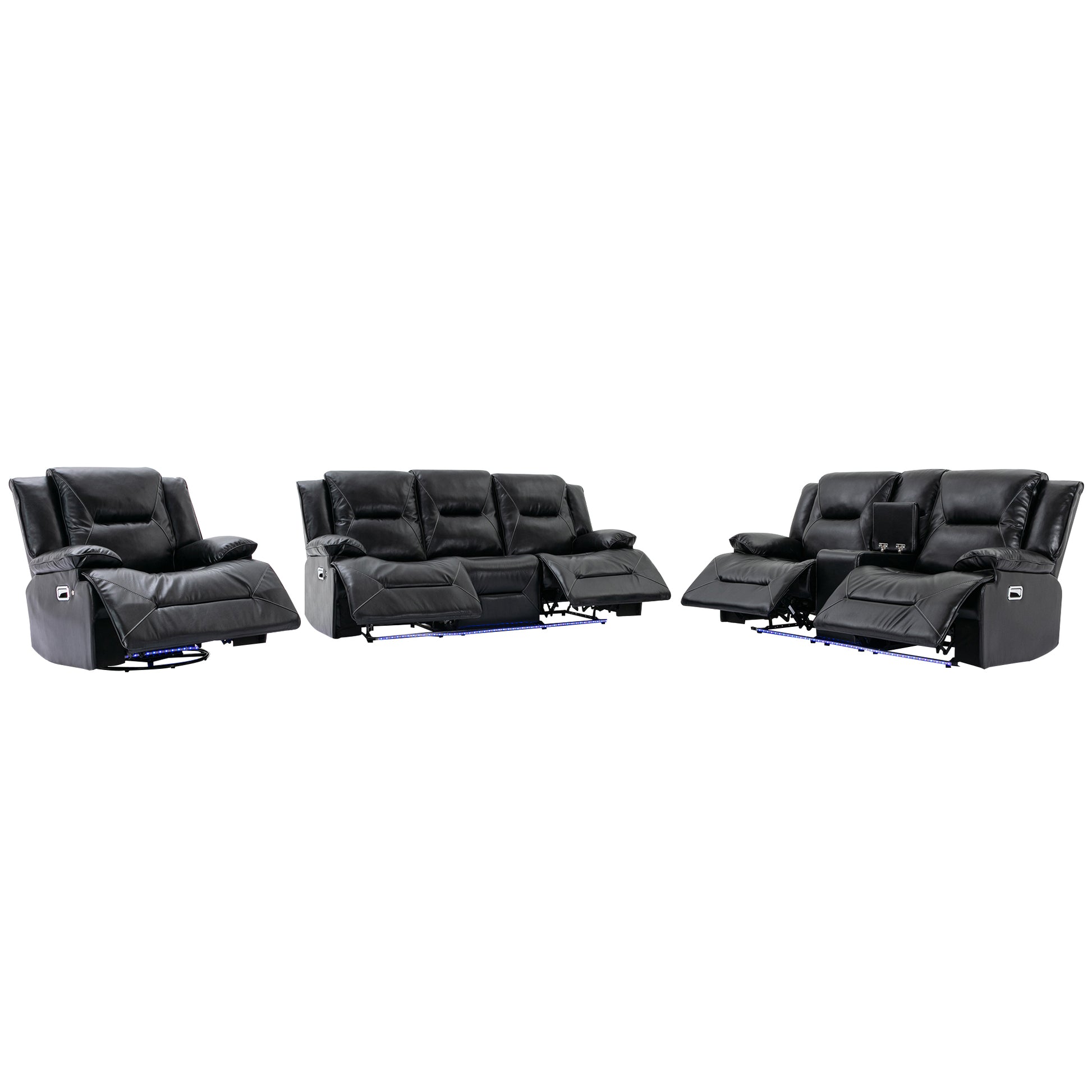 Home Theater Recliner Set Manual Recliner Chair With A Led Light Strip Two Built In Cup Holders For Living Room,Bedroom, Black Black Foam Pu