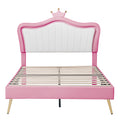 Full Size Upholstered Bed Frame With Led Lights,Modern Upholstered Princess Bed With Crown Headboard,White Pink Full White Pink Pu