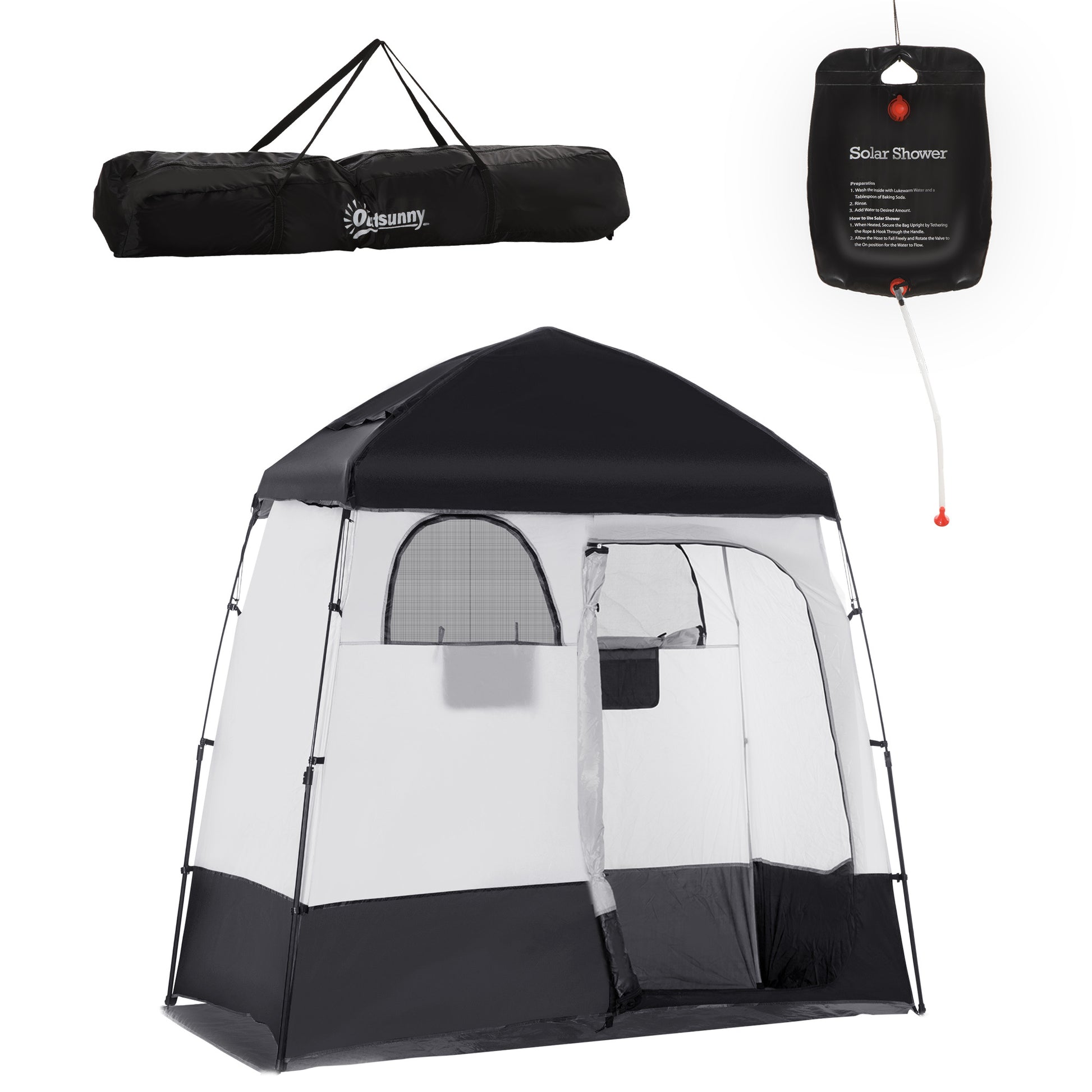 Outsunny Shower Tent, Pop Up Privacy Shelter For Camping, Dressing Changing Room, Portable Instant Outdoor Shower Tent Enclosure W 2 Rooms, Shower Bag, Floor And Carrying Bag, Black Black Taffeta