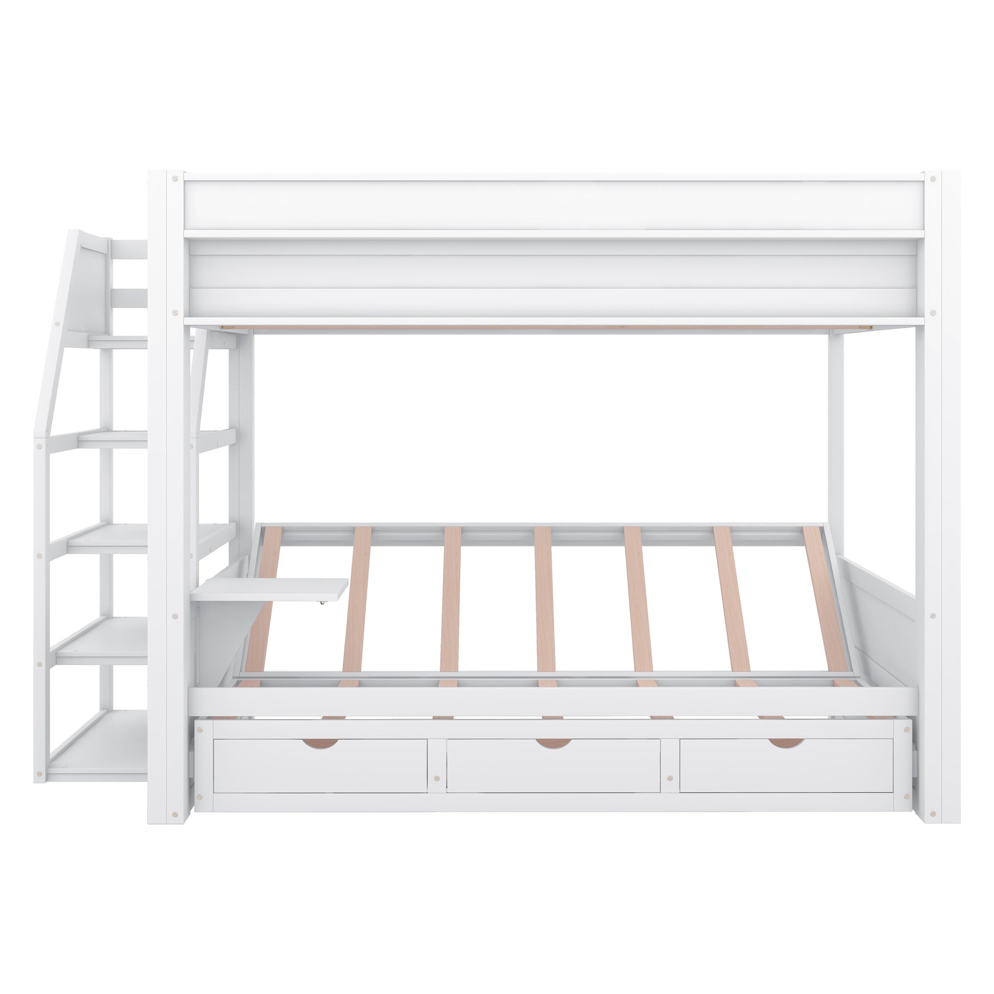 Wood Full Size Convertible Bunk Bed With Storage Staircase, Bedside Table, And 3 Drawers, White White Solid Wood Mdf