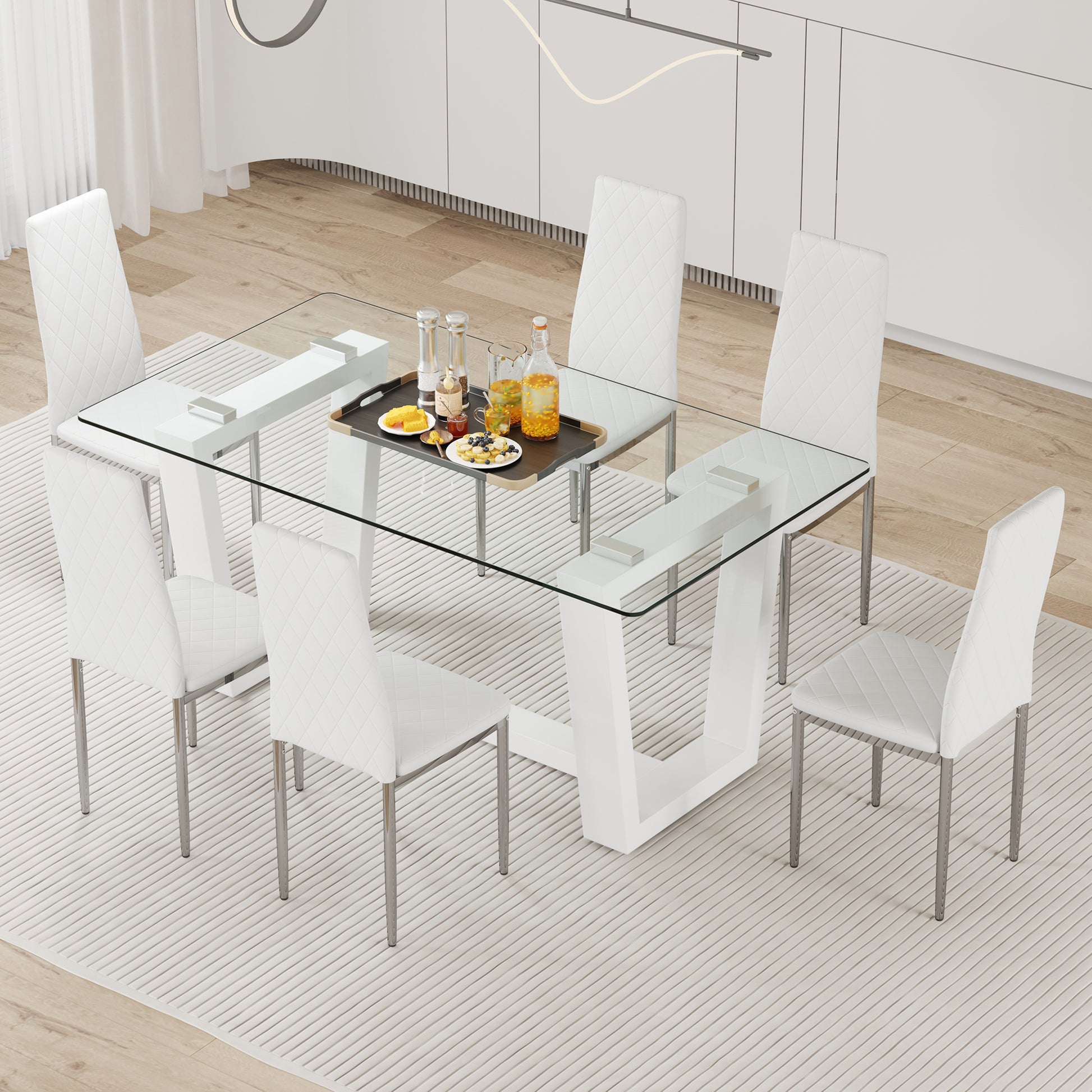 Table And Chair Set.A Rectangular Dining Table Features With Tempered Glass Top And Sleek White Mdf Stand.Paried With 6 Pu Chairs With Checkered Armless High Back And Electroplated Metal Legs. White Seats 6 Mdf Glass