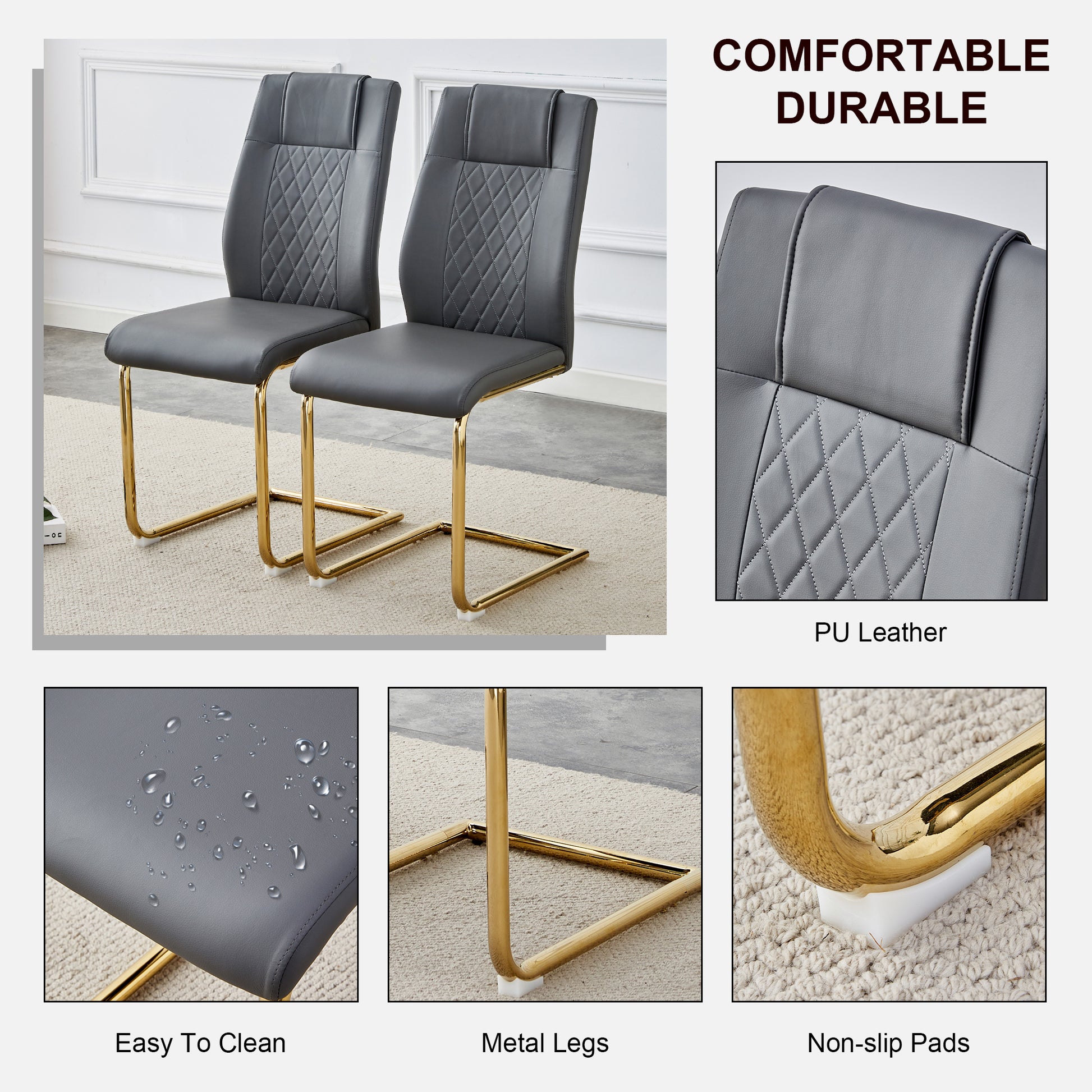 Table And Chair Set.Large Modern Rectangular Table With 0.4 Inch Patterned Glass Tabletop And Large Mdf Table Legs.Comes With 6 Chairs With Faux Leather Cushioned Seats And Golden Metal Legs. Gold White Seats 6 Mdf Glass