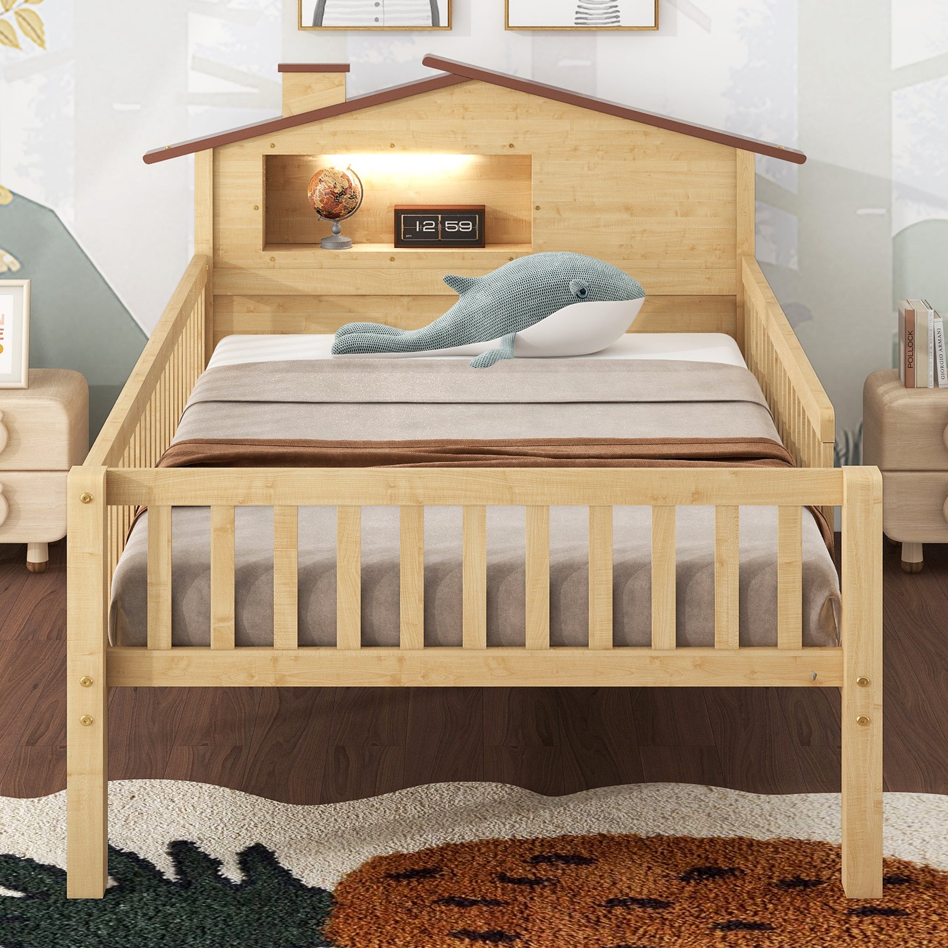 Twin Size Wood Platform Bed With House Shaped Headboard, Led And Built In Storage, Natural Box Spring Not Required Twin Natural Wood Bedroom Bed Frame Wood