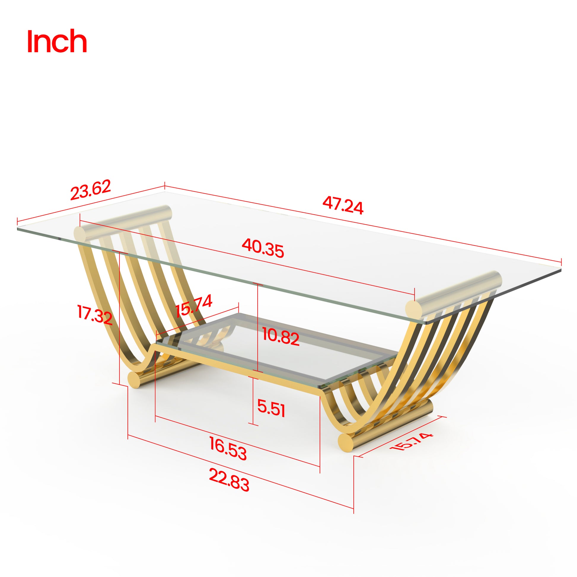 47" Rectangle Modern Stainless Steel Coffee Table, Double Layer Clear Tempered Glass Coffee Table, Center Table Table With Storage, For Living Room Home Office, Easy Assembly, Gold Clear,Gold Modern