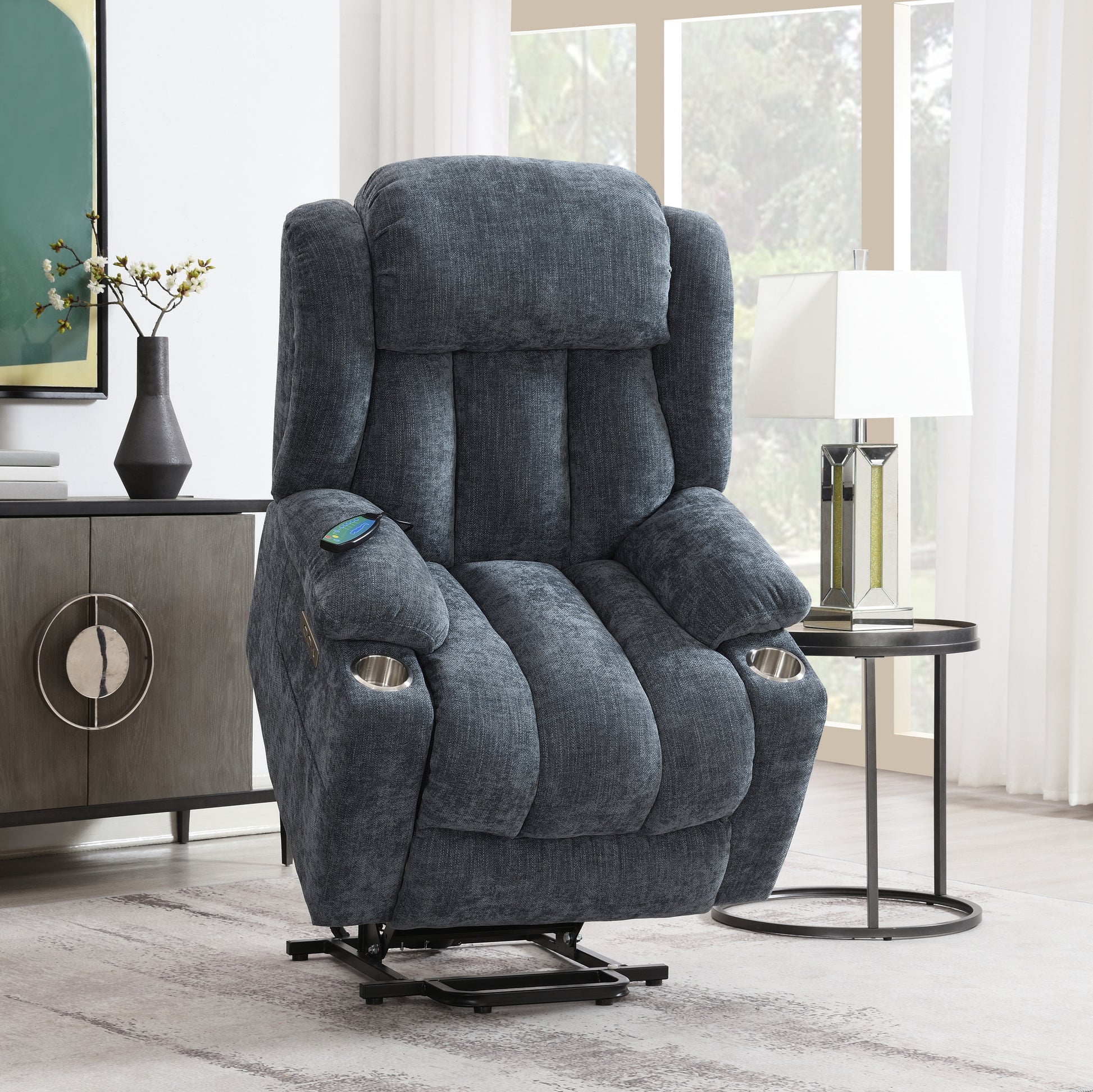 Omarion Power Recliner W Lift, Heating & Massage, Blue Velvet Lv02996 Blue Upholstered