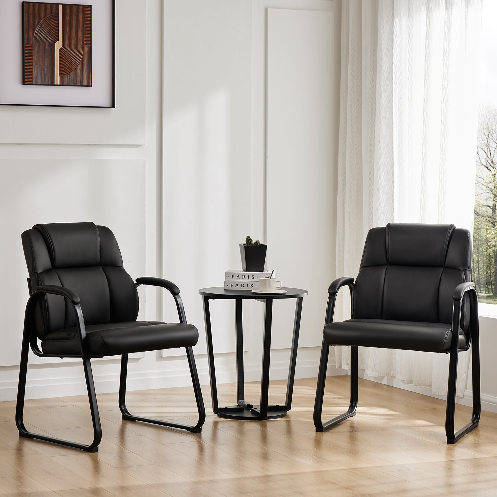 Leather Office Guest Chair No Wheels, Comfy Padded Arms And Seld Base, For Reception Conference Room Set Of 2 Black Stainless Steel