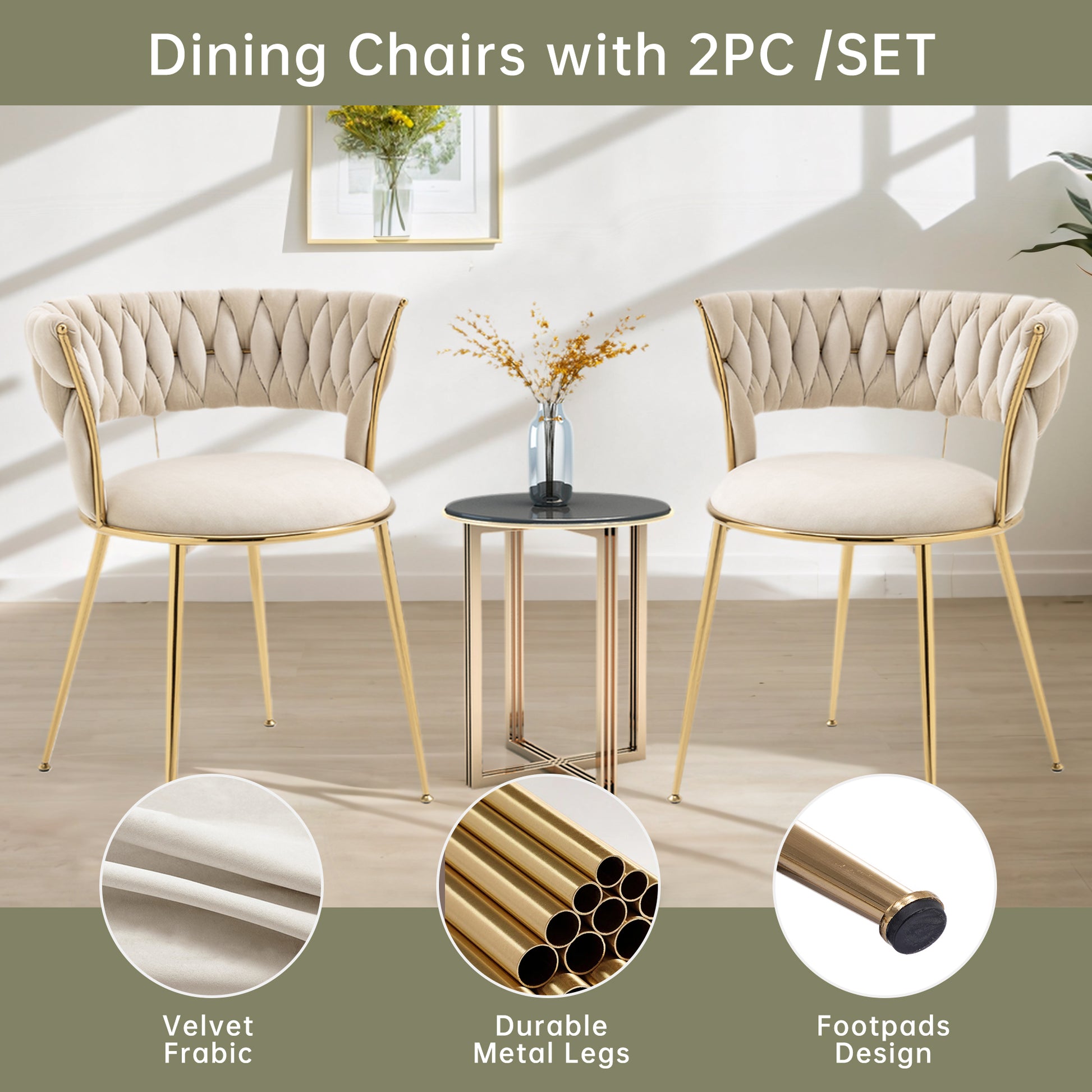 Coolmore Velvet Dining Chairs Set Of 2, Woven Upholstered Dining Chairs With Gold Metal Legs, Modern Accent Chairs For Living Room, Dining Room, Kitchen Ivory Velvet Ivory Foam Velvet