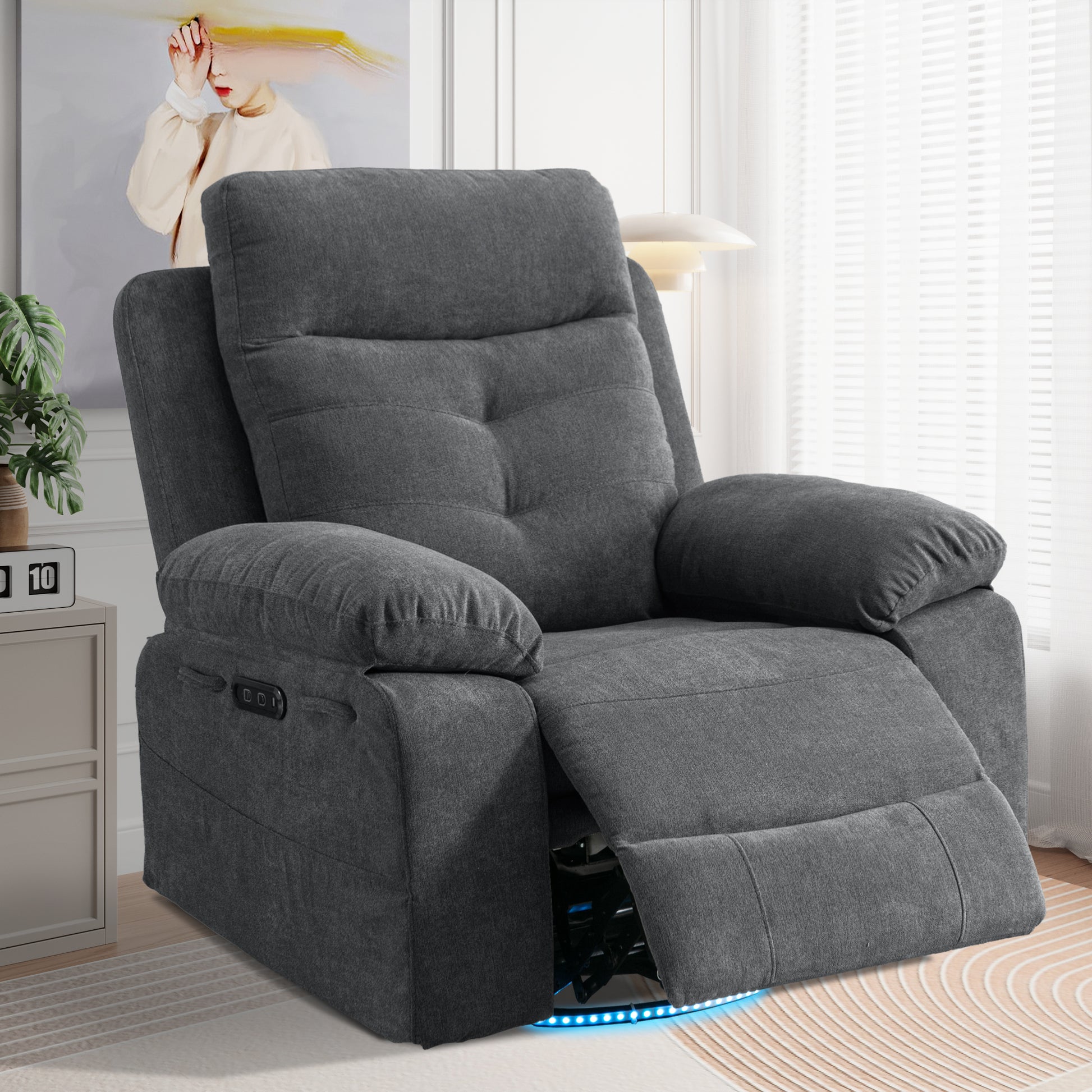 Power Recliner Glider Chair With Bluetooth Speaker 270 Degree Swivel With Led Light Side Arm With Storage Pockets Usb Type C Charging Port Button Control Retractable Footrest Adjustable Backrest Dg Dark Grey Linen Power Push Button Primary Living Space