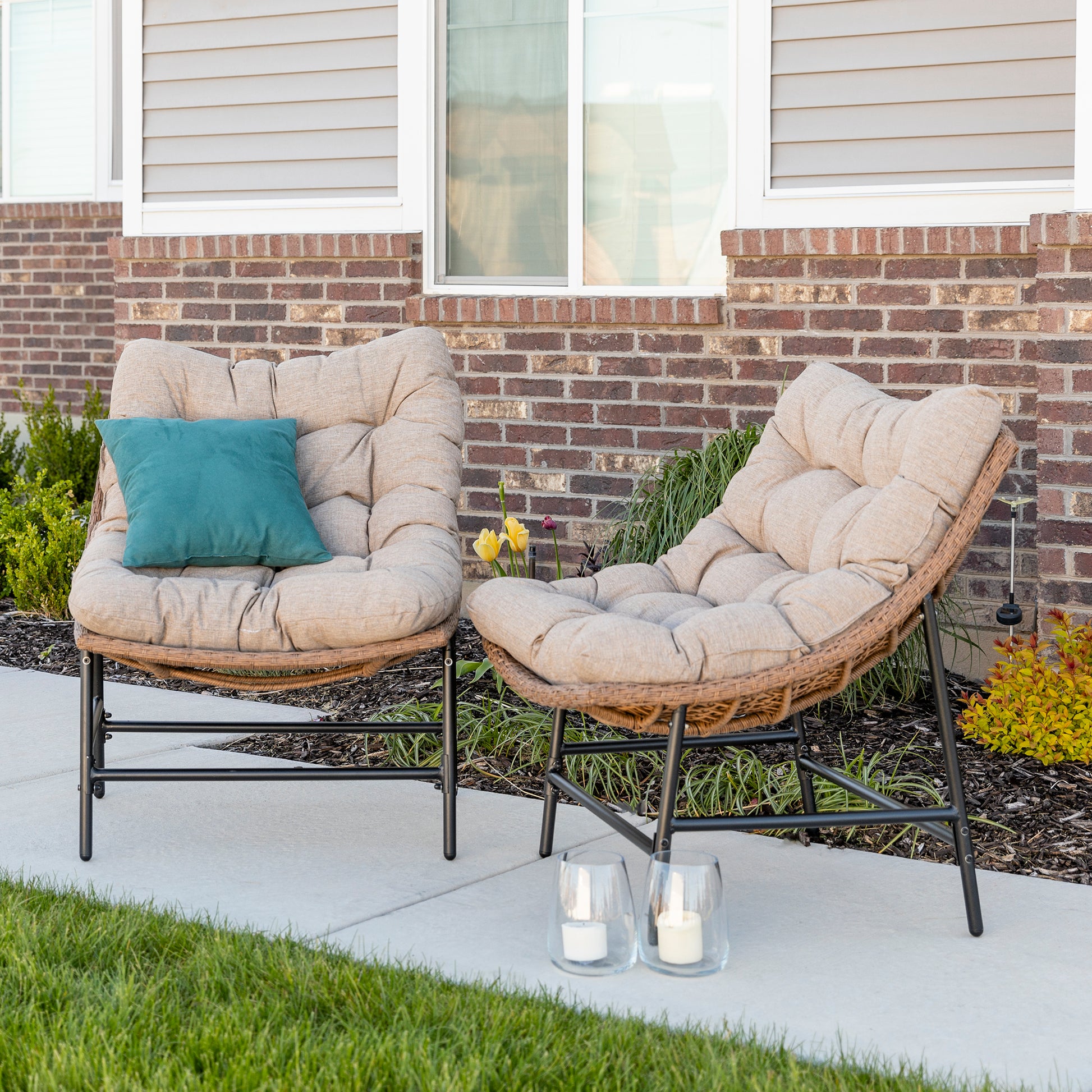 Coastal Scooped Outdoor Patio Chairs With Cushions, Set Of 2 Natural Natural Polypropylene Steel