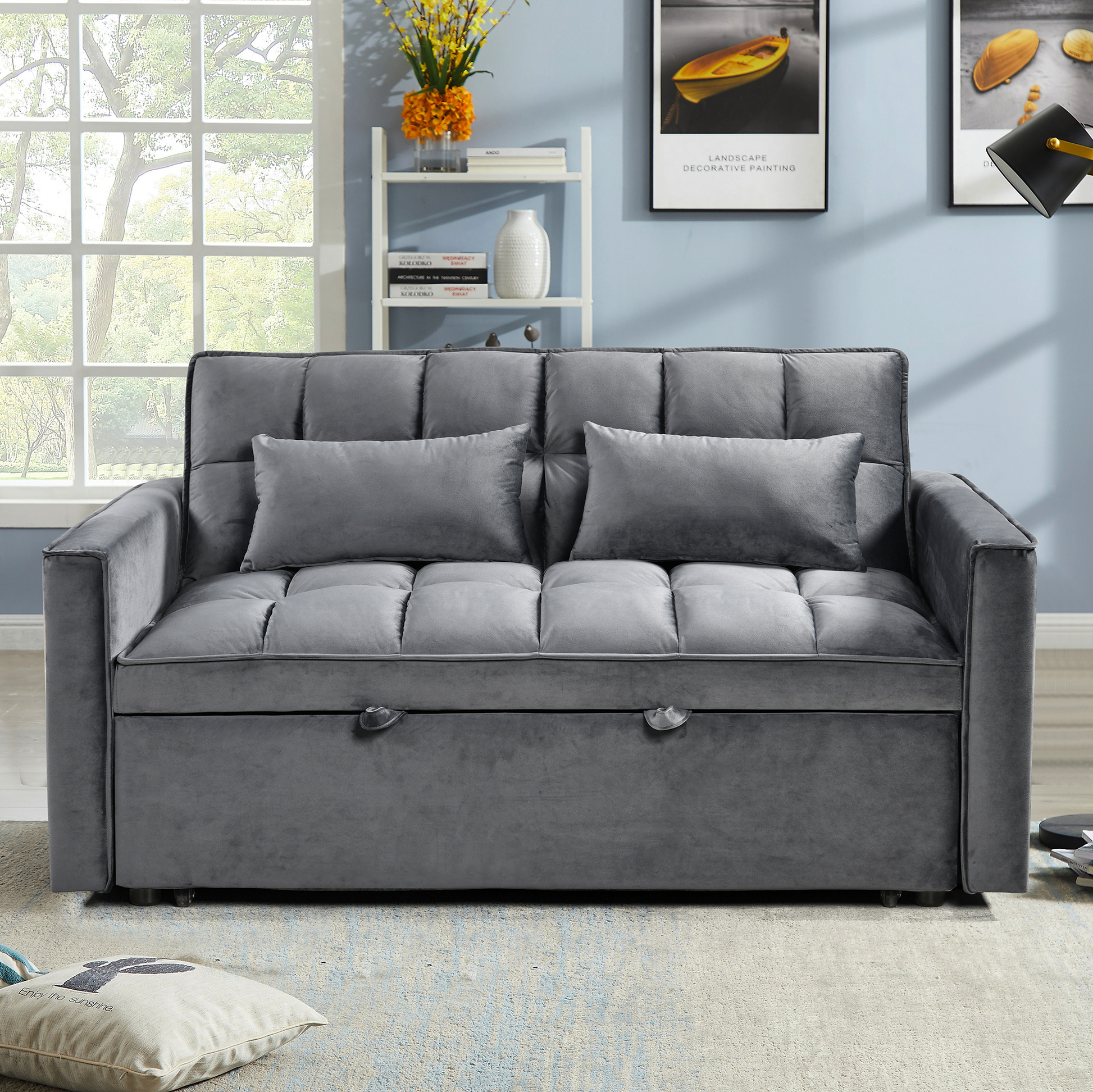 Modern Flannel Double Sofa With Folding Bed, Small Double Sofa With Three In One Convertible Sofa Bed, Adjustable Backrest And Storage Space, Including Pillows, Perfect For Living Room Or Bedroom Twin Grey Solid Wood