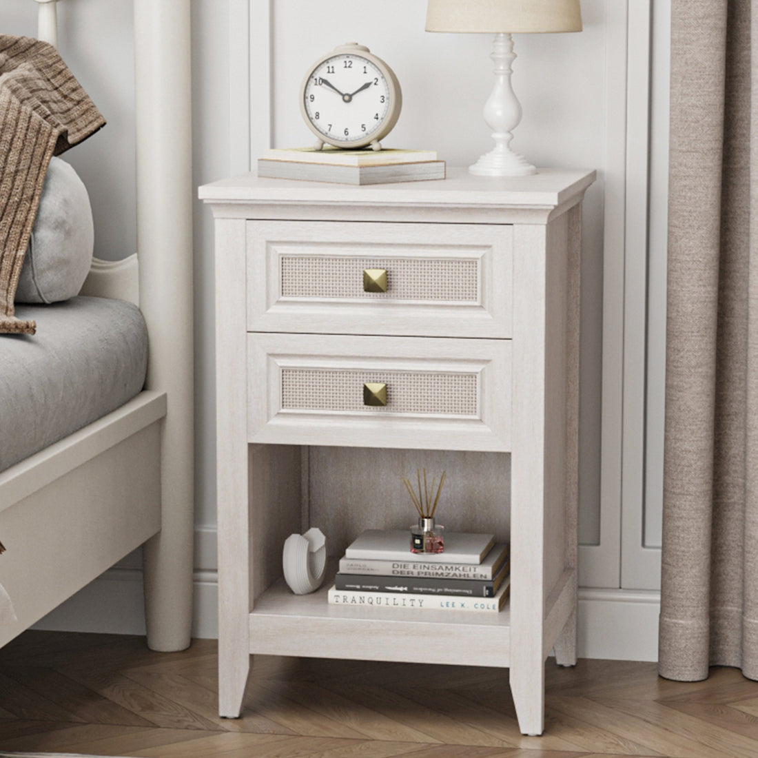 Farmhouse Nightstand, Boho Bedside Table With 2 Rattan Decor Drawers, Accent End Table With Open Storage Shelf White Wood Rattan