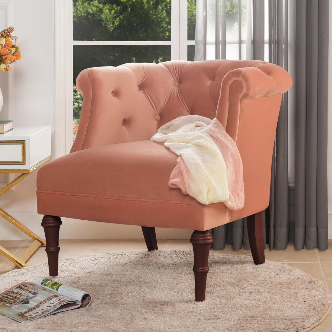 Katherine Tufted Accent Chair, Peach Orange Velvet Orange Foam Velvet