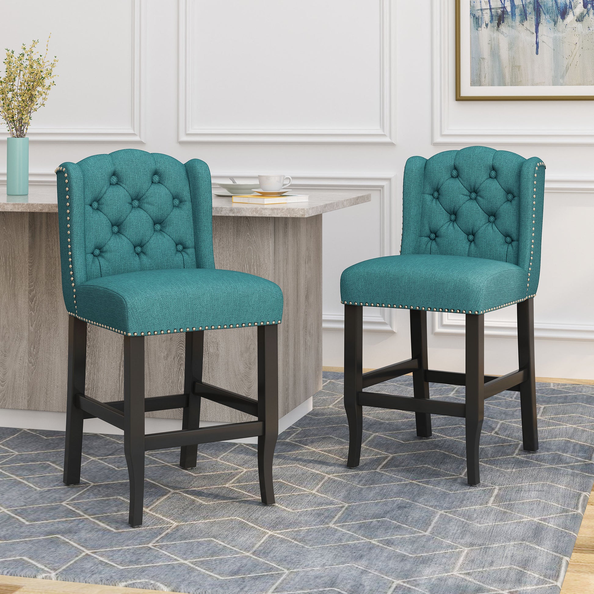 Vienna Contemporary Fabric Tufted Wingback 27 Inch Counter Stools, Set Of 2, Teal And Dark Brown Teal Fabric