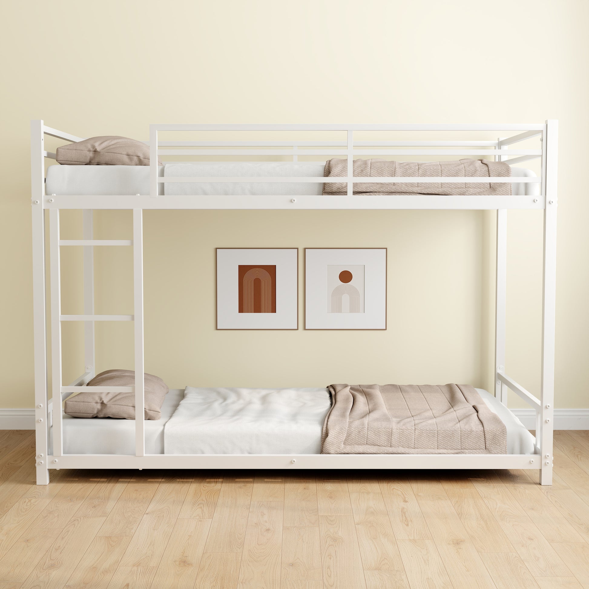 Metal Twin Over Twin Bunk Bed Heavy Duty Sturdy Metal Noise Reduced Safety Guardrail No Box Spring Needed,White Twin White Metal Metal