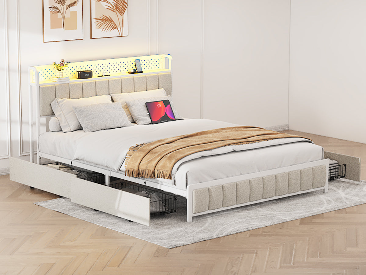 Full Size Platform Bed With 4 Drawers, Metal Bed Frame With Led Lights And Charging Station, No Box Spring Needed, Beige , Noise Free,Easy Assemble. Box Spring Not Required Full Beige Metal Bedroom Bed Frame Linen Mdf Metal