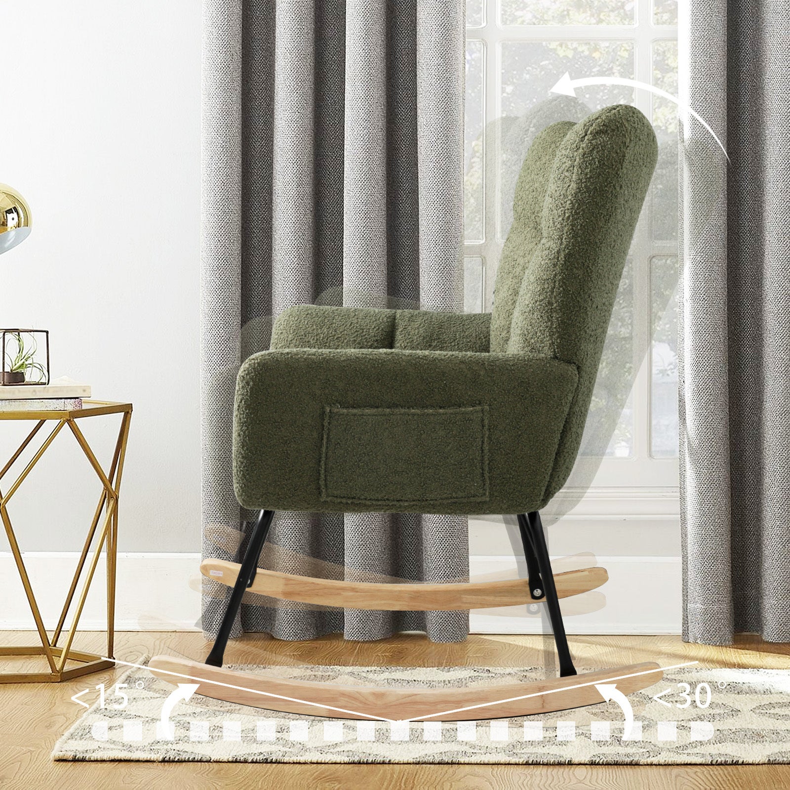 Teddy Fabric Rocking Chair, Upholstered Rocker Armchair With High Backrest, Modern Rocking Accent Chair For Nursery, Living Room, Bedroom, Olive Green Metal Olive Green Light Brown Bedroom Foam Wipe Clean Modern Rocking Chairs Rubberwood Tufted Back Foam