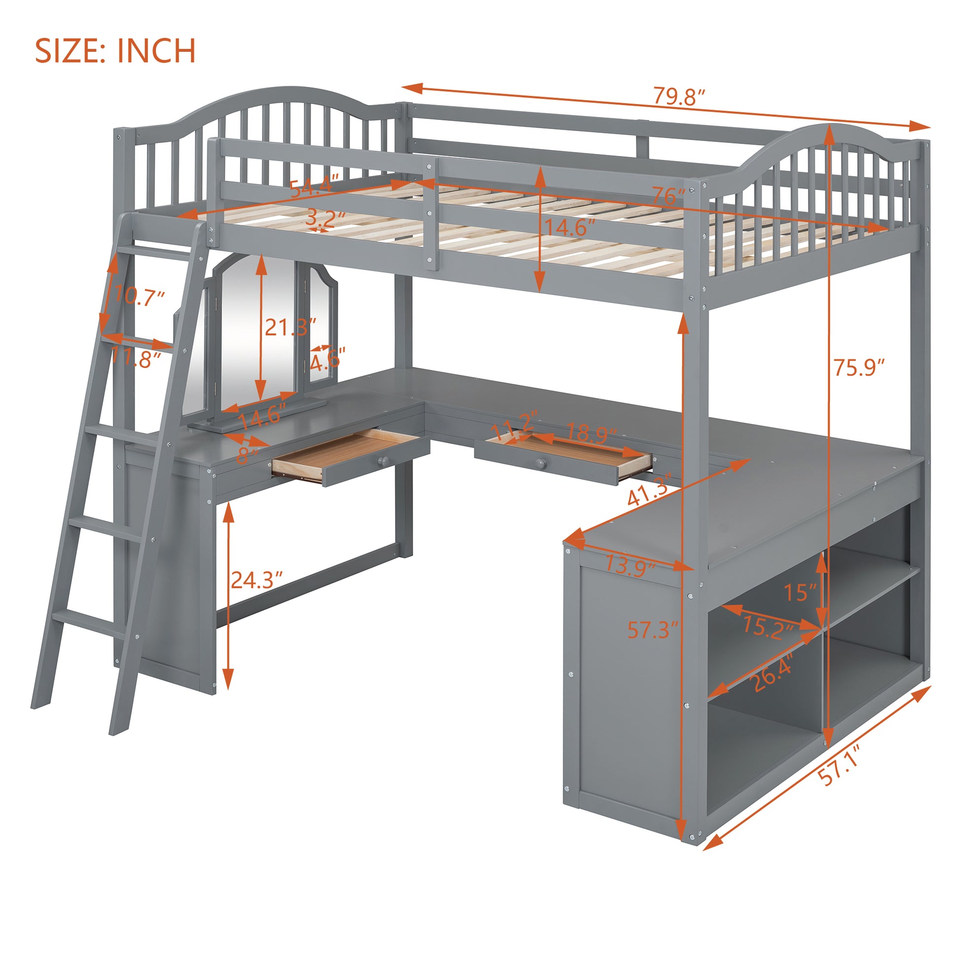 Full Wooden Loft Bed With U Shaped Desk,Storage Compartments And Tri Fold Mirror, Gray Gray Plywood,Solid Wood Mdf