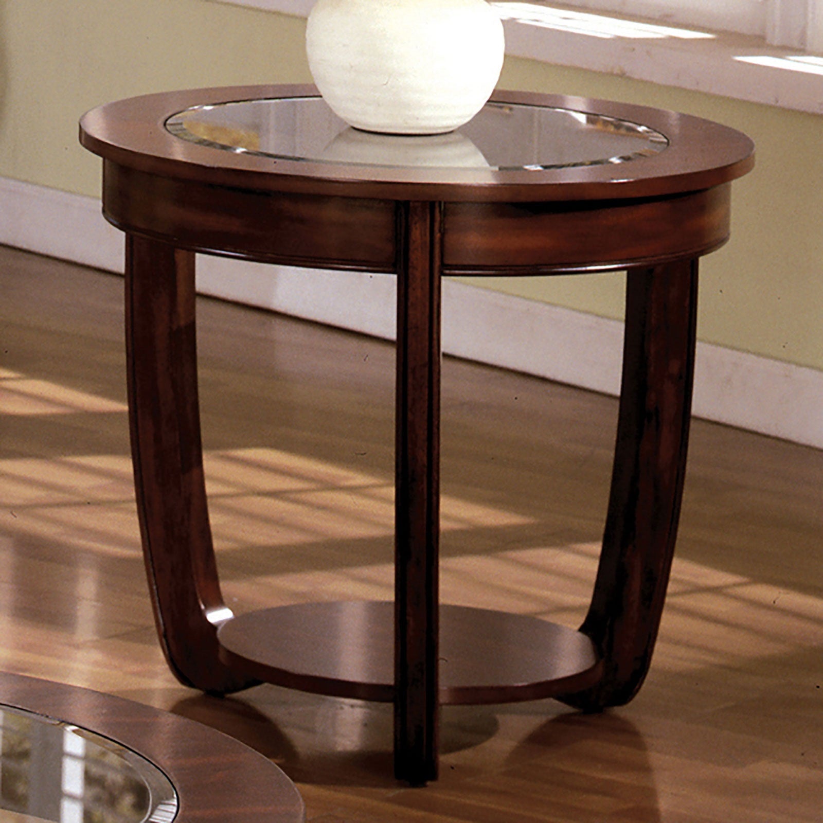 Dark Cherry 1Pc End Table Open Bottom Shelf Round Design Glass Insert Top Living Room Furniture Brown,Cherry Brown Primary Living Space Classic,Contemporary,Luxury,Traditional Rubberwood Open