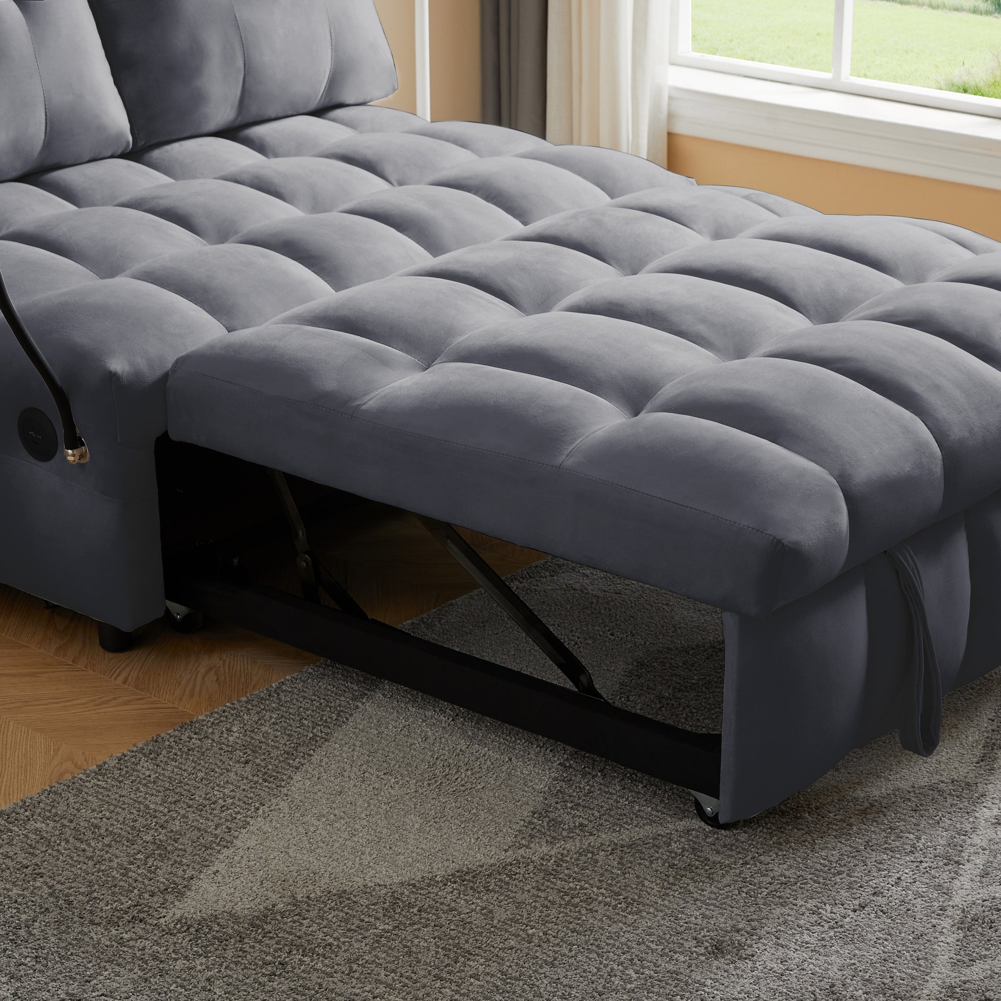 Modern Sofa Velvet Pull Out Bed,Independently Removable Backrest, Have Usb Port And Swivel Phone Stand ,Gray Gray Wood Velvet 2 Seat