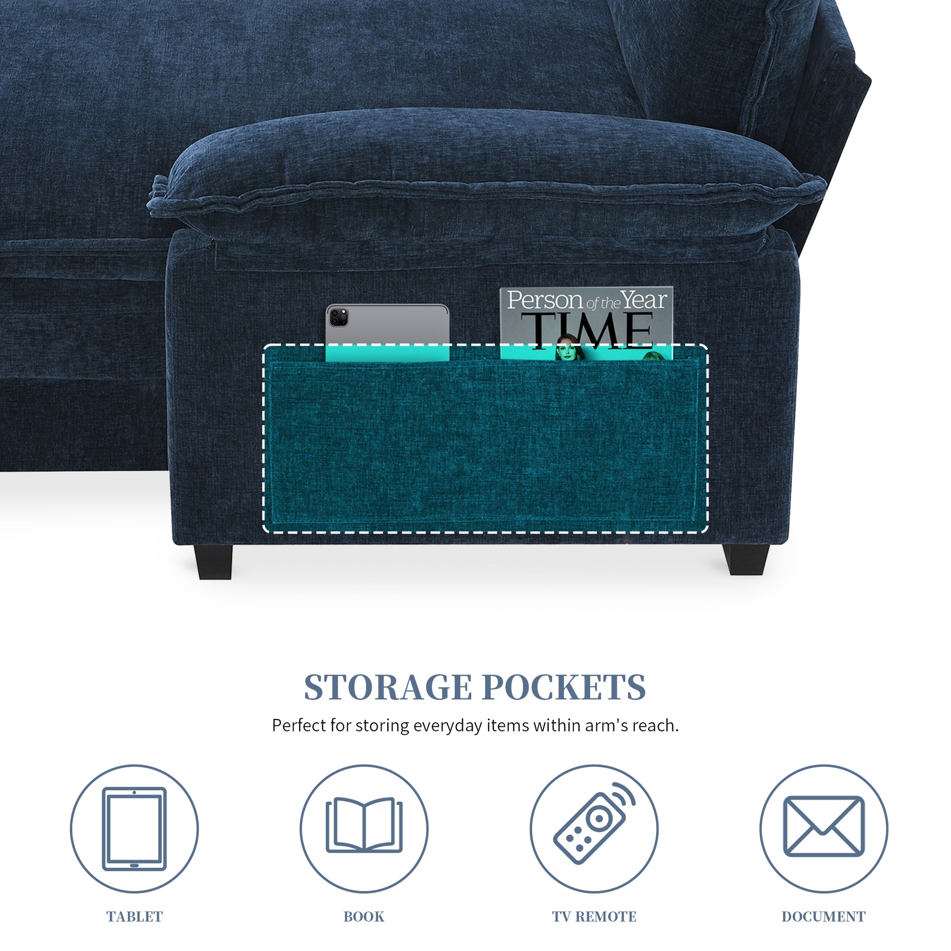 Video 118" Modern Chenille Sectional Sofa With Double Cushions,Storage Pockets,5 Seat Upholstered Indoor Furniture,L Shaped Comfy Cloud Couch With Reversible Chaise For Living Room,Apartment,3