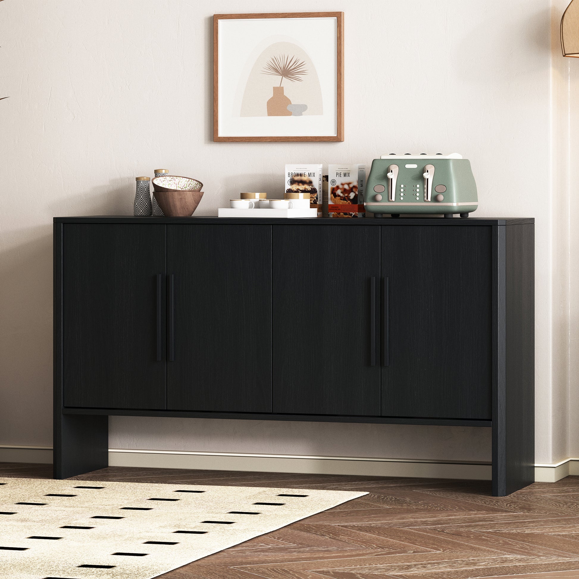 4 Door Large Storage Retro Sideboard With Adjustable Shelves And Long Handles For Kitchen, Dining Room And Living Room Black Black Mdf