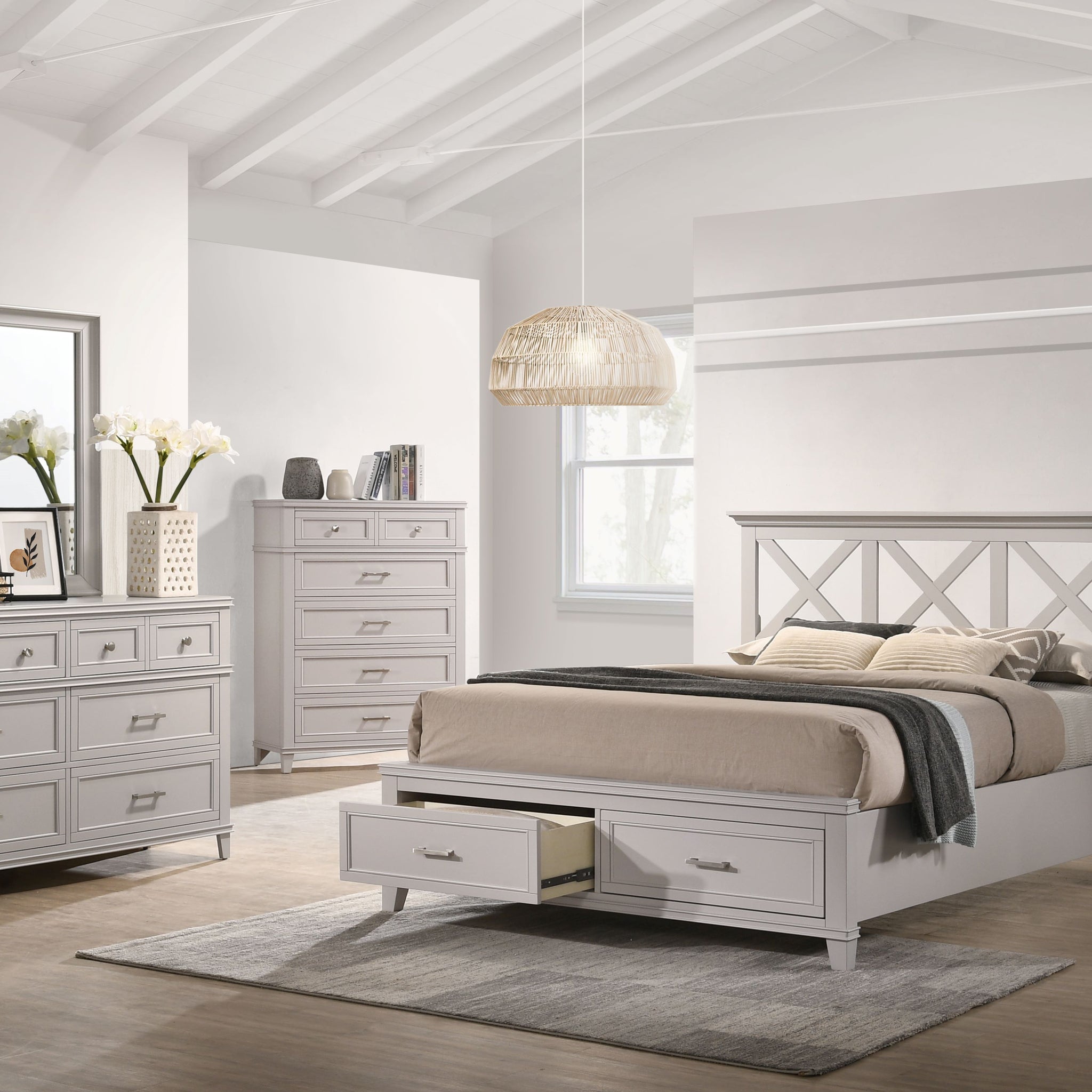 King X Storage Bed Gray Solid Wood Mdf