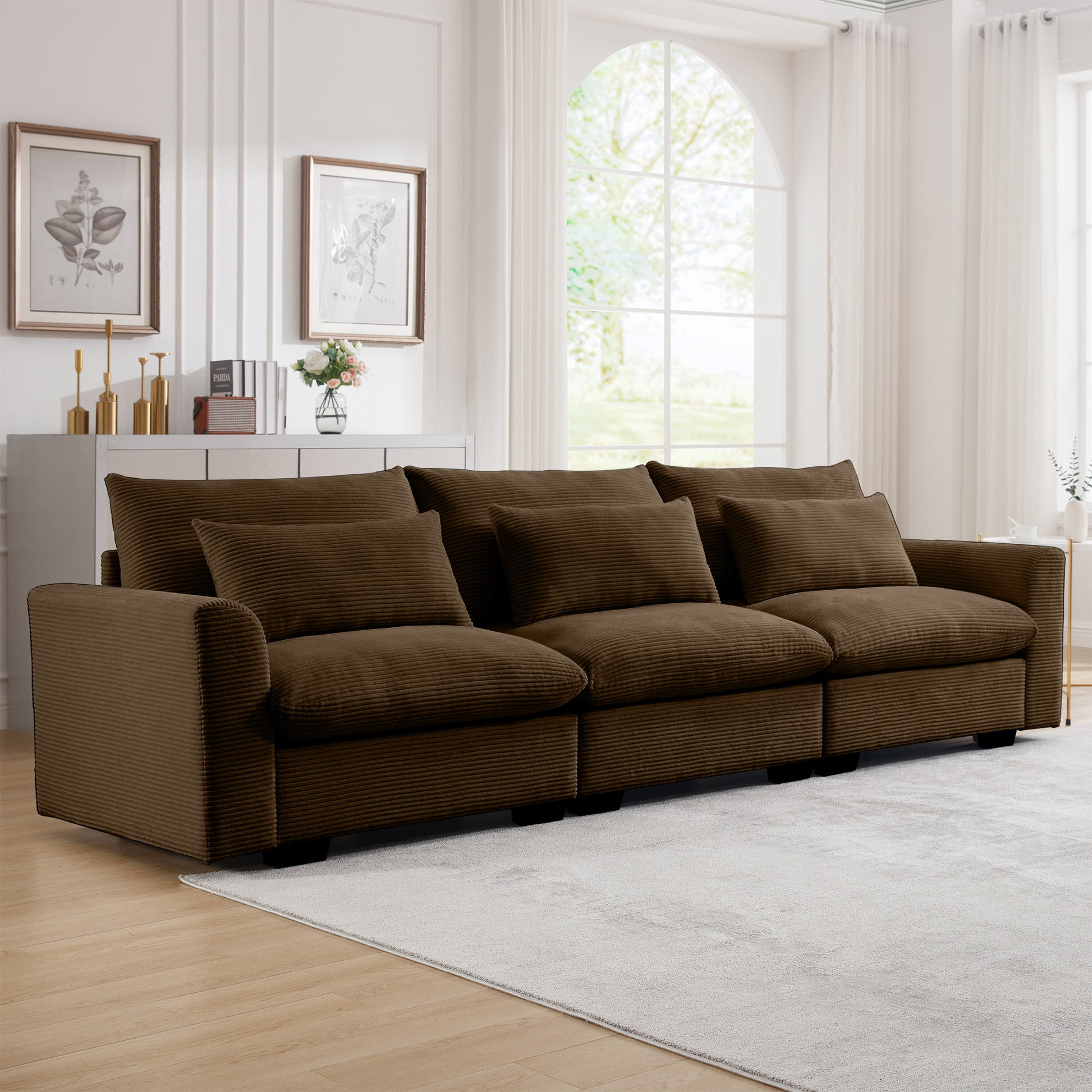 3 Seater Deep Seat Couches For Living Room, Wide And Deep Seat Comfy Living Roo Sofas With 3 Waist Pillows, Brown Corduroy Brown Corduroy 3 Seat