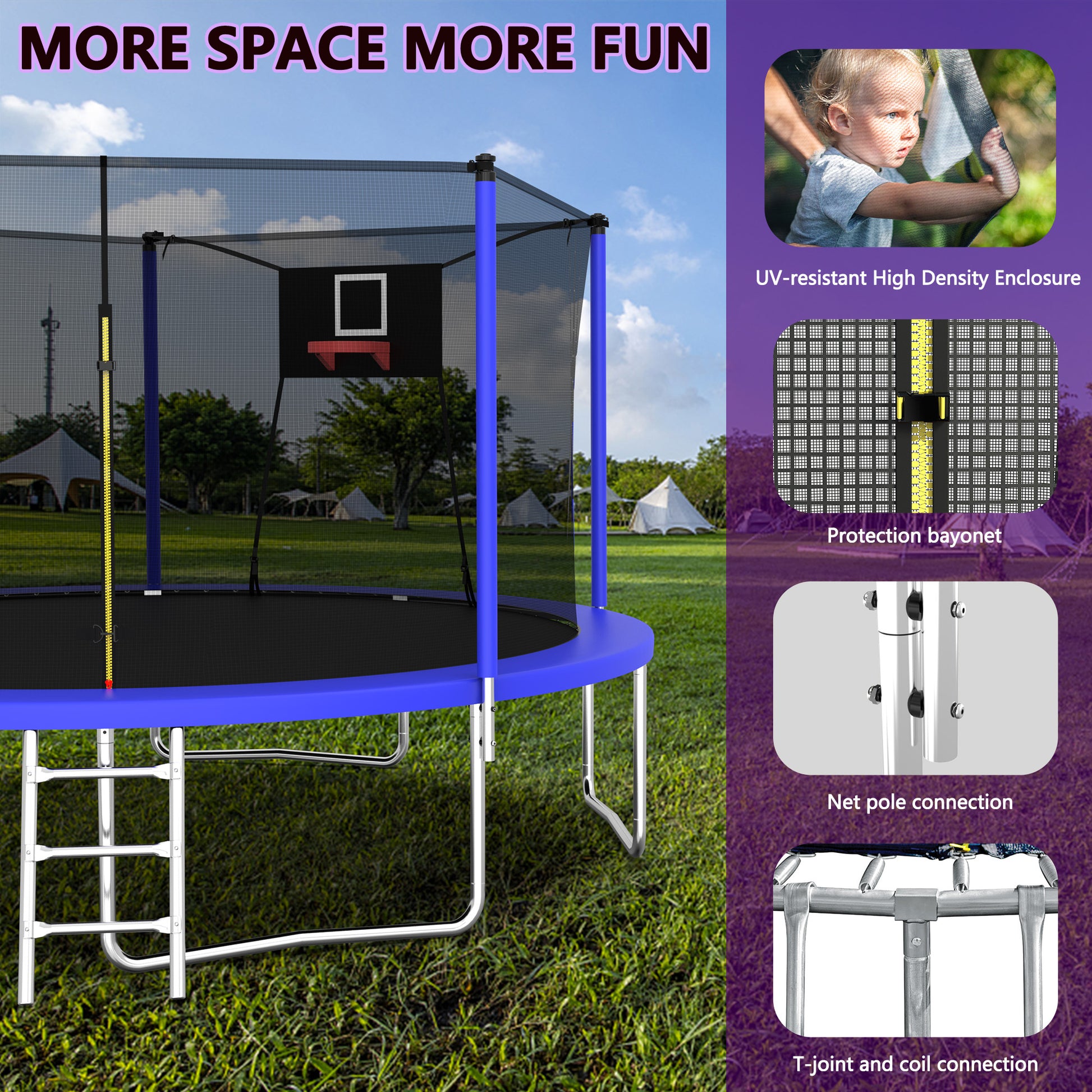 14Ft Trampoline Set With Swing,Sports Fitness Trampolines With Enclosure Net, Recreational Trampolines For Outdoor Indoor Blue Metal