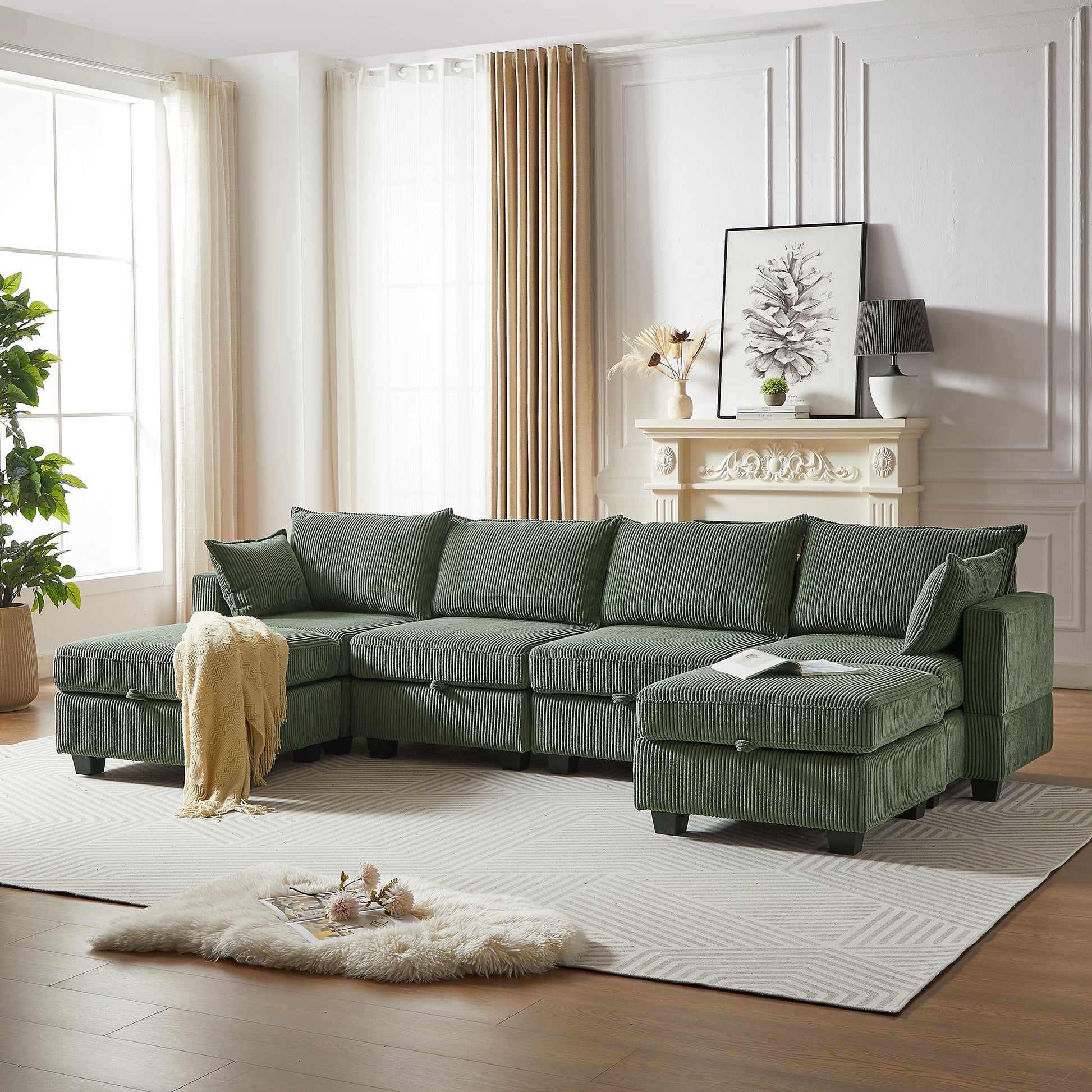 113.5'' Modular Sectiona Corduroy Sofa, Sectional Couches For Living Room U Shaped Sectional Couch With Storage Ottoman, 6 Seats Convertible Sectionals With Chaise Green Corduroy 6 Seat