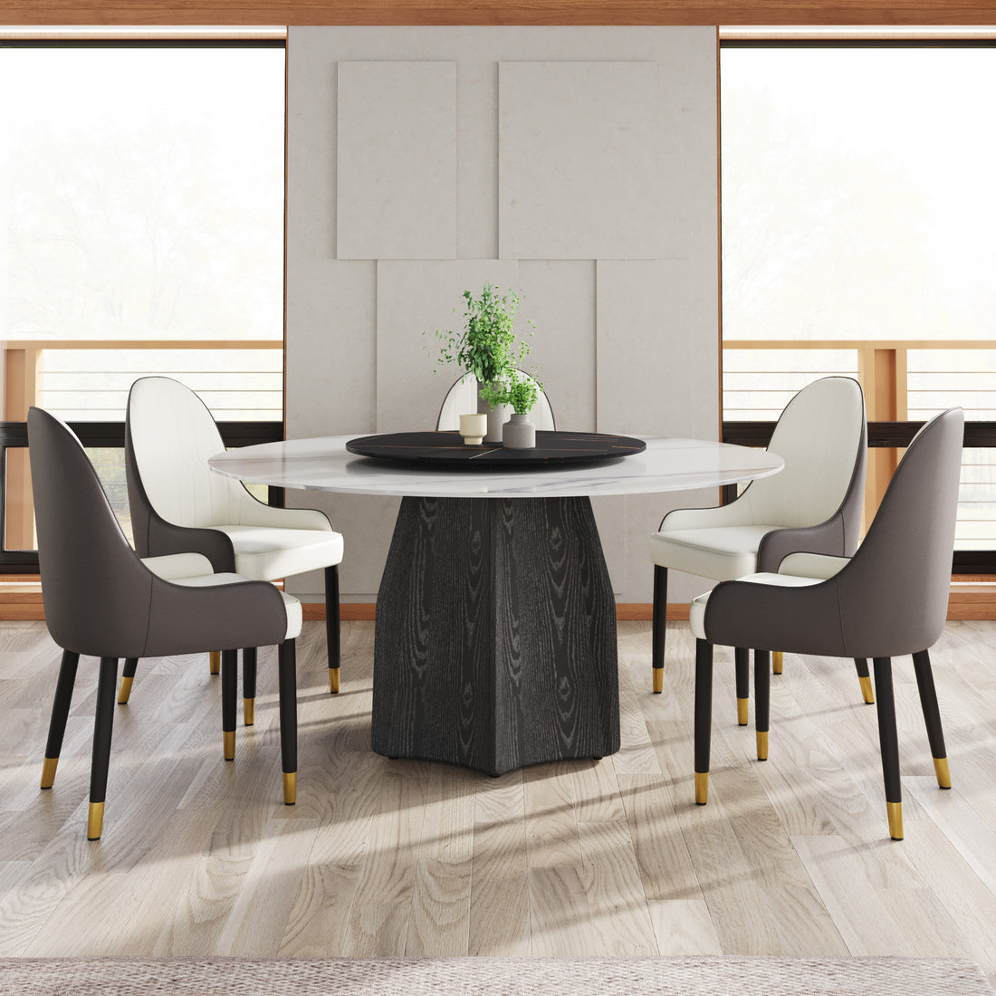59.05" Round Marble Dining Table With Black Textured Solid Wood Base, Artificial Marble For 6 8 People, 31.5"Black Artificial Stone Turntable,White&Black Dining Table Only Black,White Dining Room