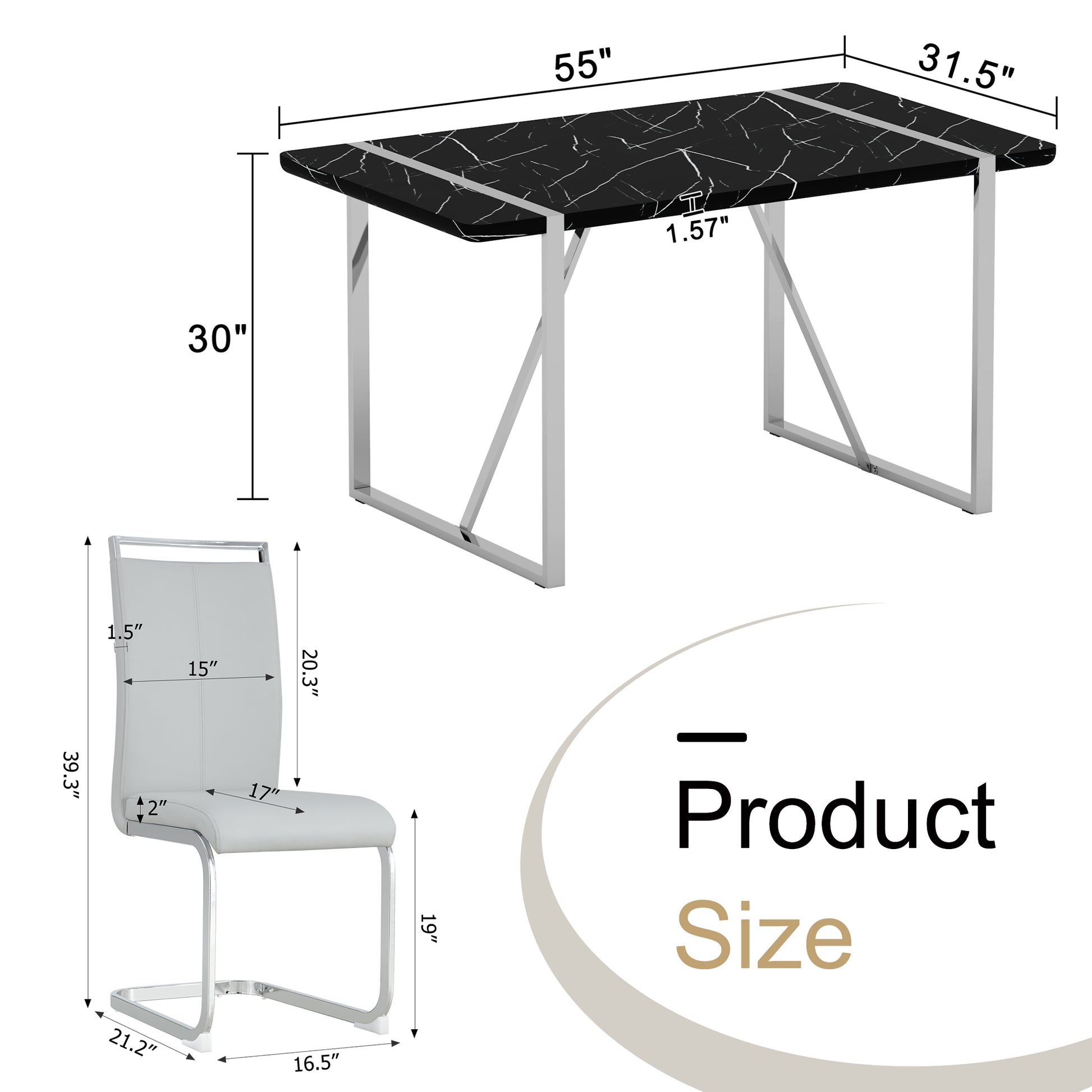 Table And Chair Set.A Rustic Industrial Rectangular Mdf Black Dining Table With Mdf Desktop And Electroplated Silver Metal Legs.Paried With 4 Chairs With Pu Cushion And Metal Legs. Black,Light Gray,Silver Seats 4 Mdf Metal