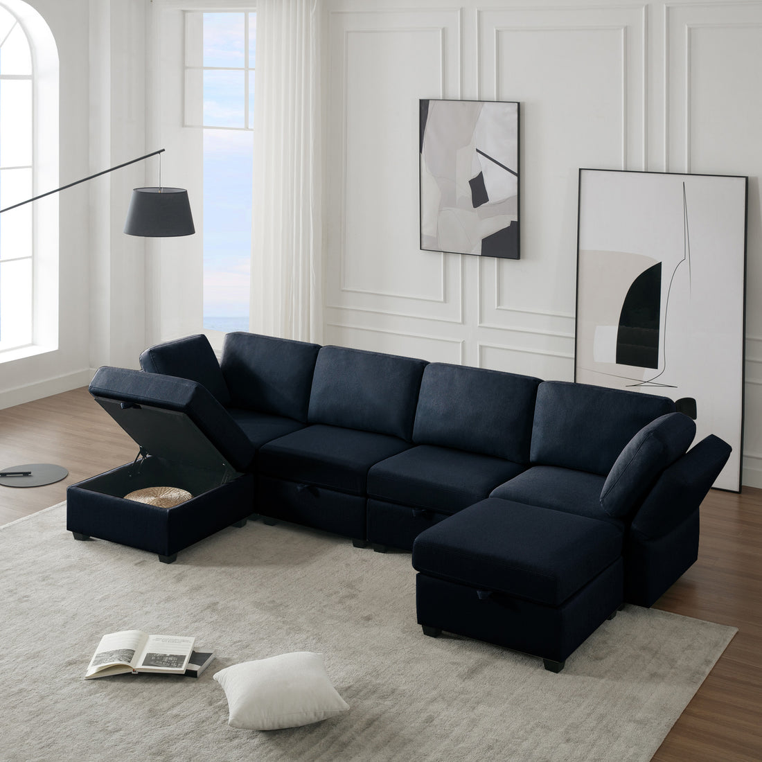 Adjustable Arms And Backs Modern U Shape Linen Couch Modular Sectional Sofa Couch With Storage Seat, Large Convertible Sofa With Reversible Chaise For Living Room Apartment Office, Blue Blue Polyester 4 Seat