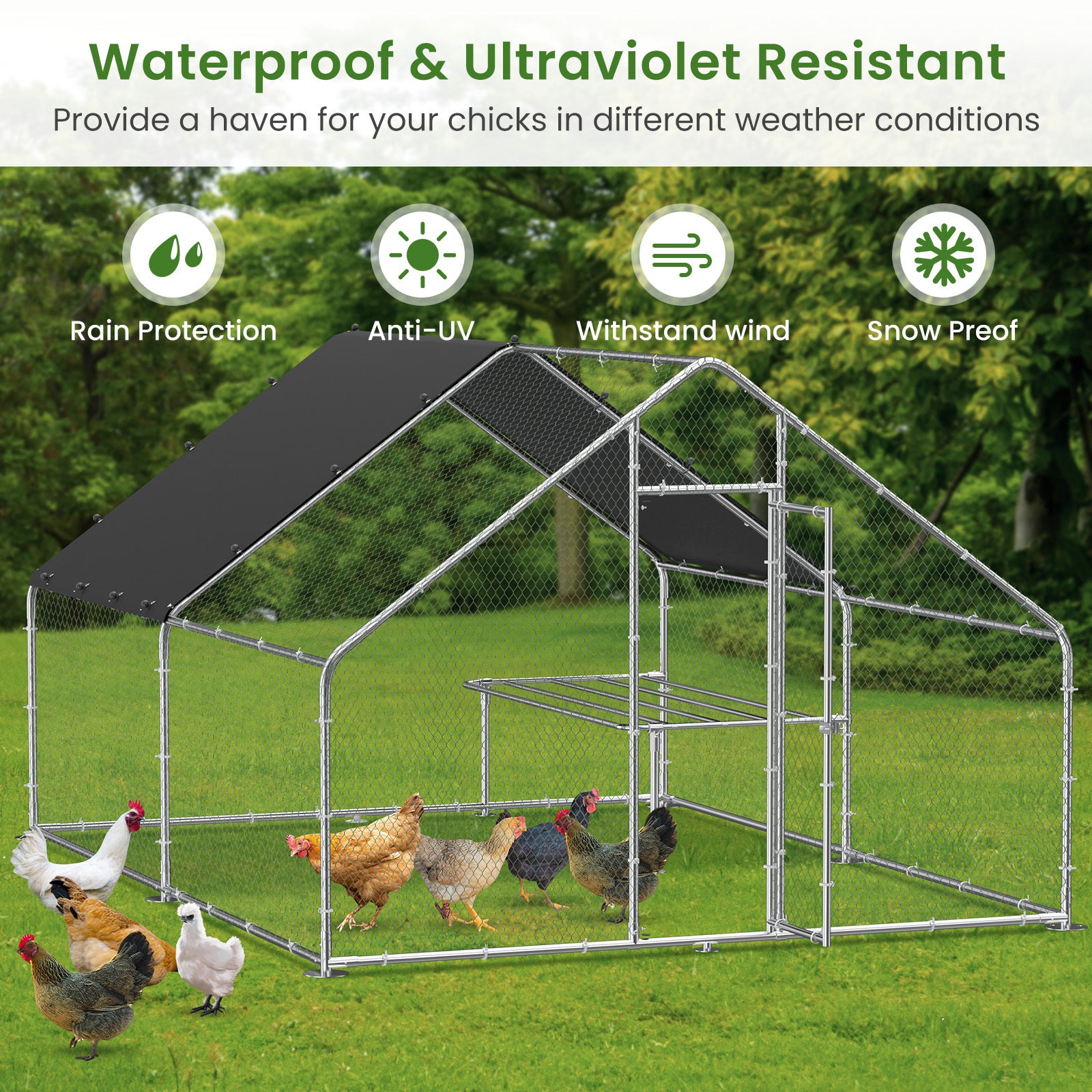 Large Metal Chicken Coop, Walk In Chicken Coop, Galvanized Wire Poultry Chicken Coop, Rabbit Duck Coop With Waterproof And Uv Protection Cover For Outdoor, Backyard And Farm. 9.8' W X 13.1' L X 6.6' H Silver Steel