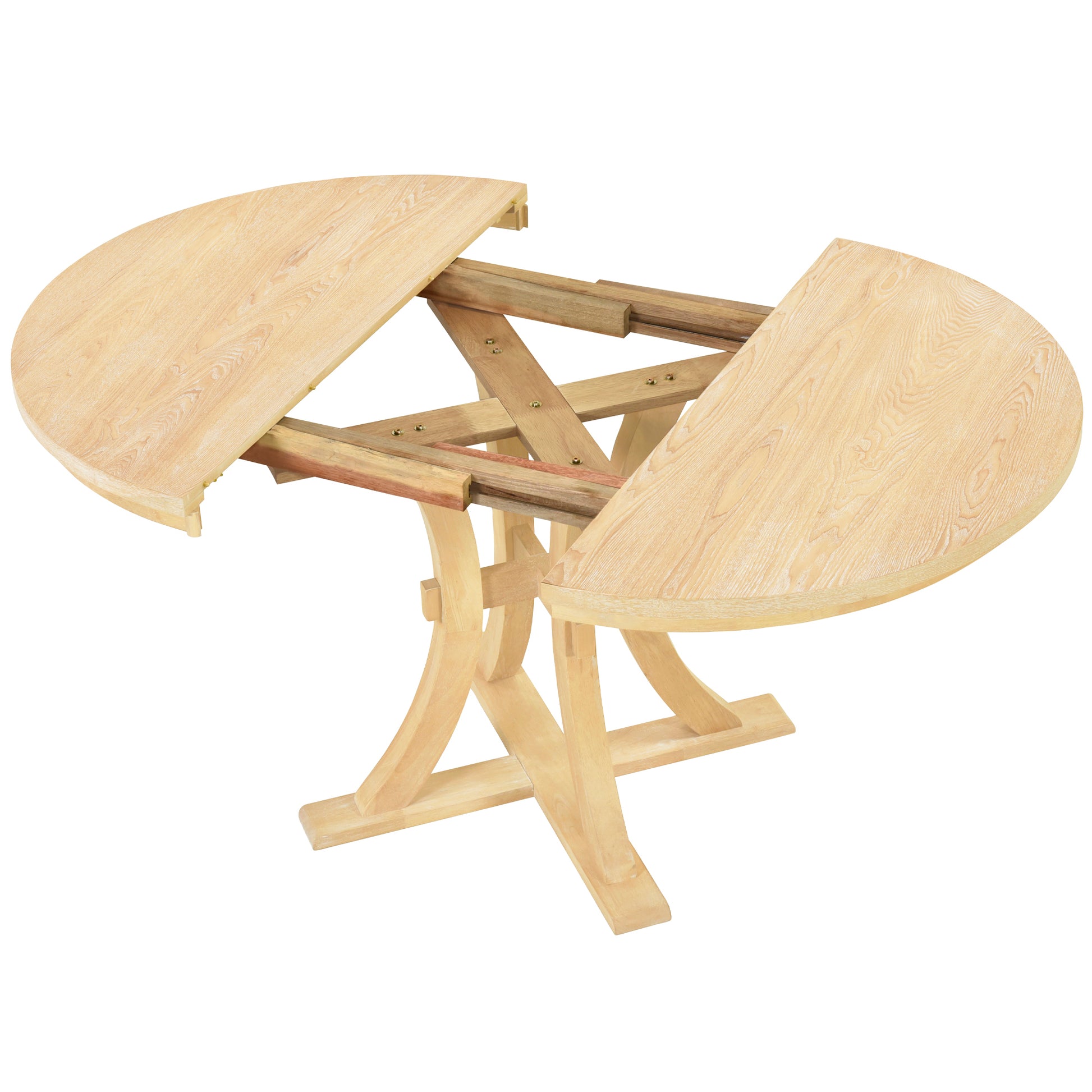 5 Piece Rustic Round Pedestal Extendable Dining Table Set With 15.7" Removable Leaf And Simple Dining Chirs For Small Places, Natural Wood Dining Room Extendable Rubberwood Oval Dining Table With Chair Wood Wood Natural Seats 4 Removable Leaf Farmhouse