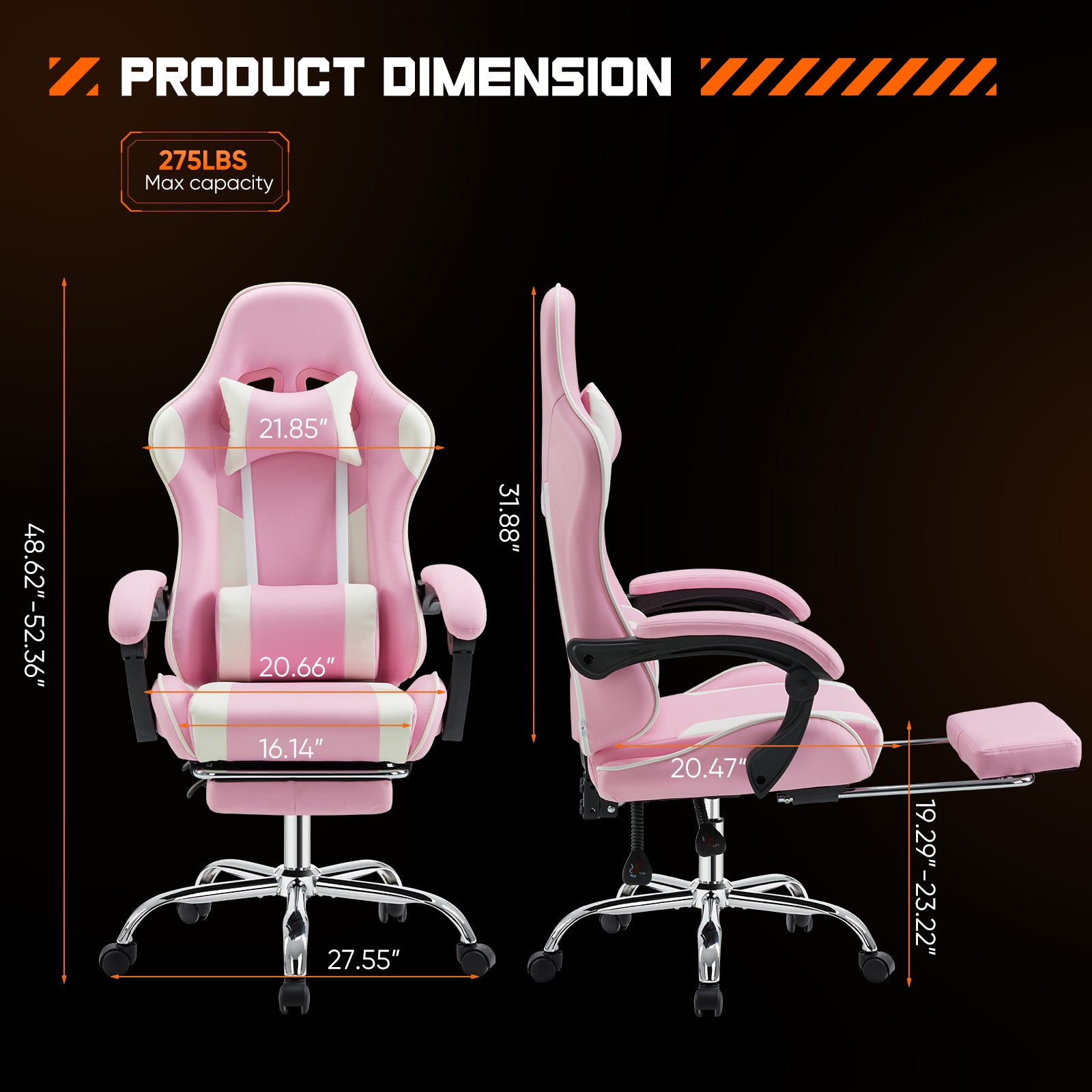 Video Game Desk Chair Ergonomic Computer With Footrest And Comfy Lumbar Support, Pu Leather Recliner With Headrest, Fixed Up Armrest, Height Adjustable With 360 Swivel, For Adults, Pink Pink White Faux Leather