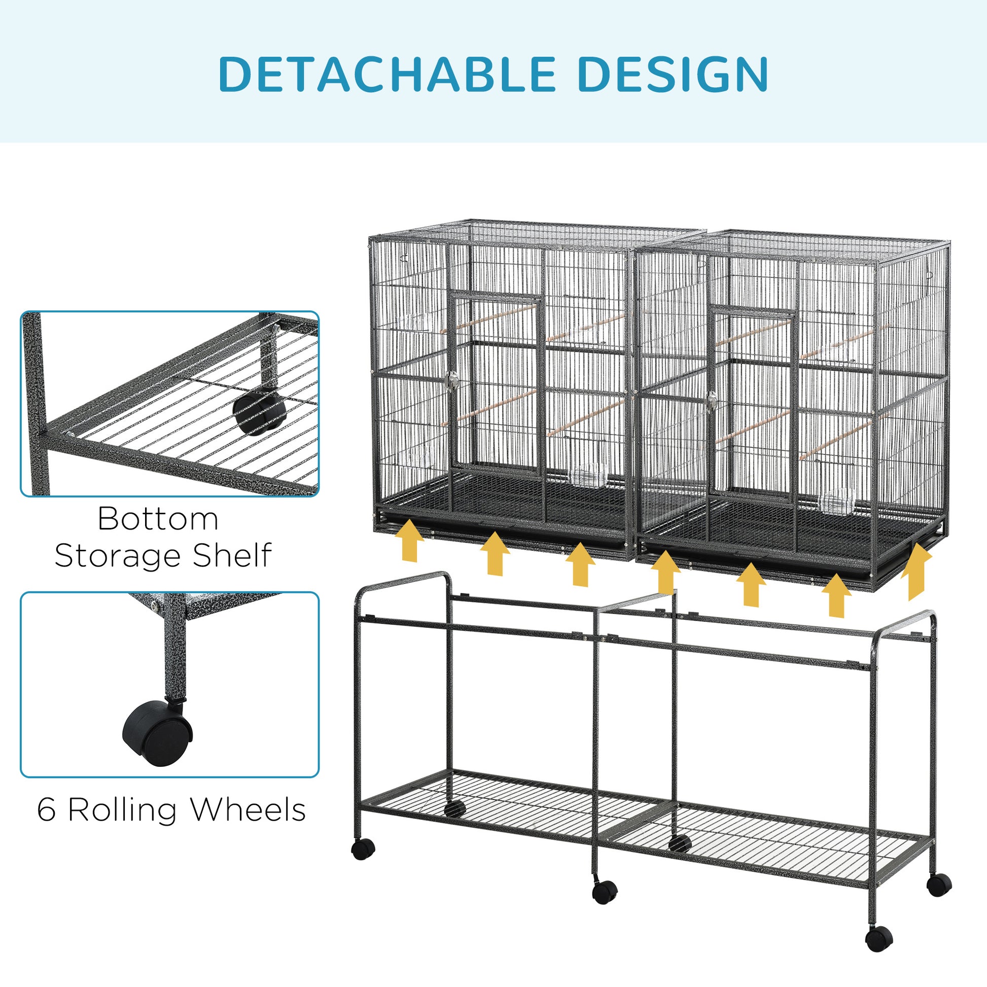 Pawhut 65" Double Rolling Metal Bird Cage Feeder With Detachable Rolling Stand, Storage Shelf, Wood Perch & Food Container Multicolor Wood