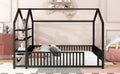 Full Size Metal House Bed With Fence And Detachable Storage Shelves, Black Full Black Metal