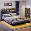 Floating Queen Bed Frame With Led Light And Bookcase Storage Headboard Queen Size Upholstered Platform Bed With Charging Station ,No Box Spring Needed,Easy Assembly, Black Rustic Box Spring Not